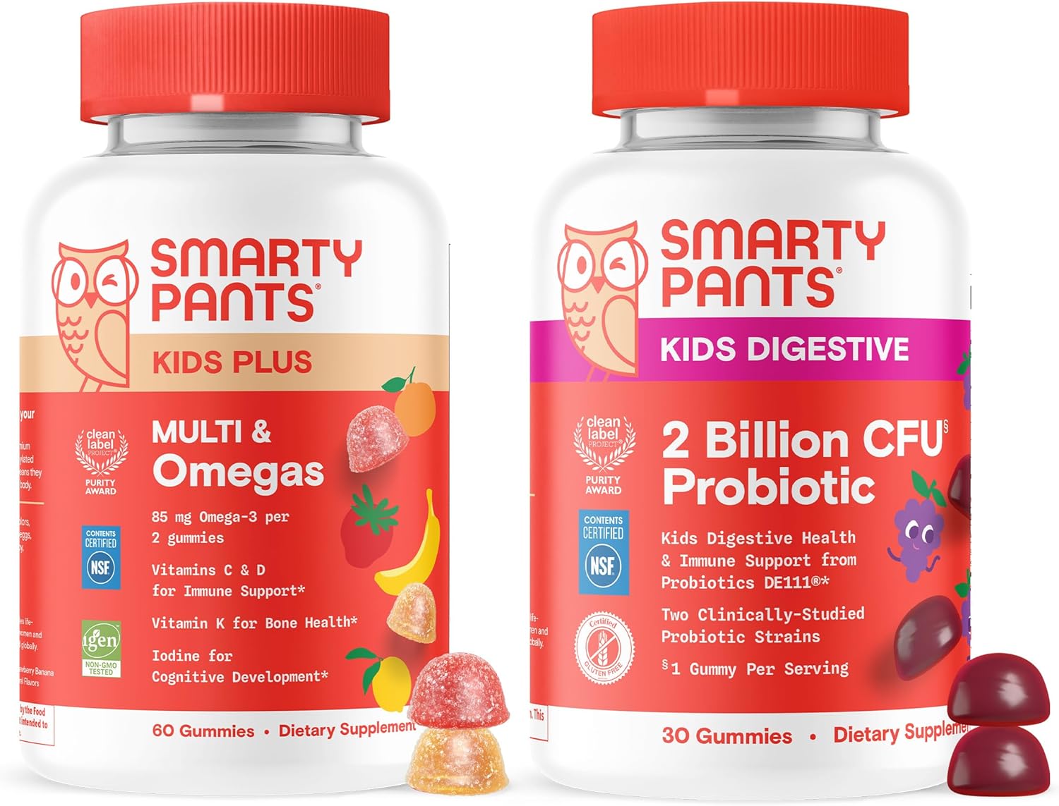 SmartyPants Kids Daily Nutrition & Probiotic Bundle: Multivitamin + Probiotic Gummies with 2 Billion CFU, Omega-3, Vitamins D3 & B12,Digestive & Immune Support, Gluten Free, 60 & 30 Count (Pack of 2)