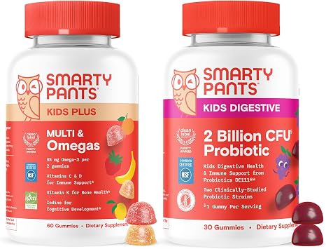 SmartyPants Kids Daily Nutrition & Probiotic Bundle Multivitamin + Probiotic Gummies with 2 Billion CFU, Omega-3, Vitamins D3 & B12,Digestive & Immune Support, Gluten Free, 60 & 30 Count Pack of 2
