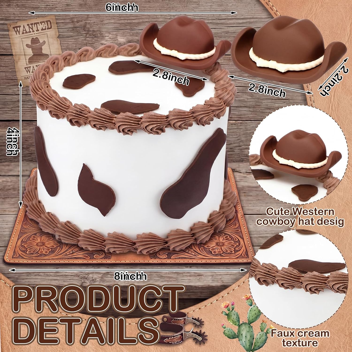 Remerry 6 Inch Bow Fake Cake Coquettish Birthday Fake Cake Decor Wedding Dessert Props Artificial Heart Dessert for Props Women Birthday Gift(Western Cowboy,6 Inch,Brown, White)