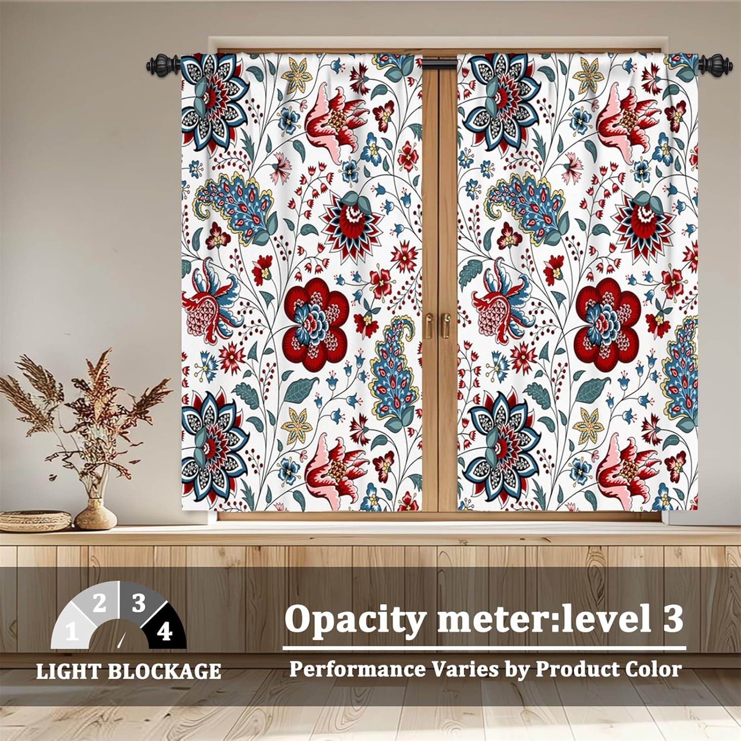 Renaiss 42 x 45 Inch Boho Floral Kitchen Curtains Flower Print Linen Tier Curtains Bohemian Cafe Small Drapes for Bathroom Rv Camper Farmhouse Country Light Filtering Curtain Rod Pocket 2 Panels