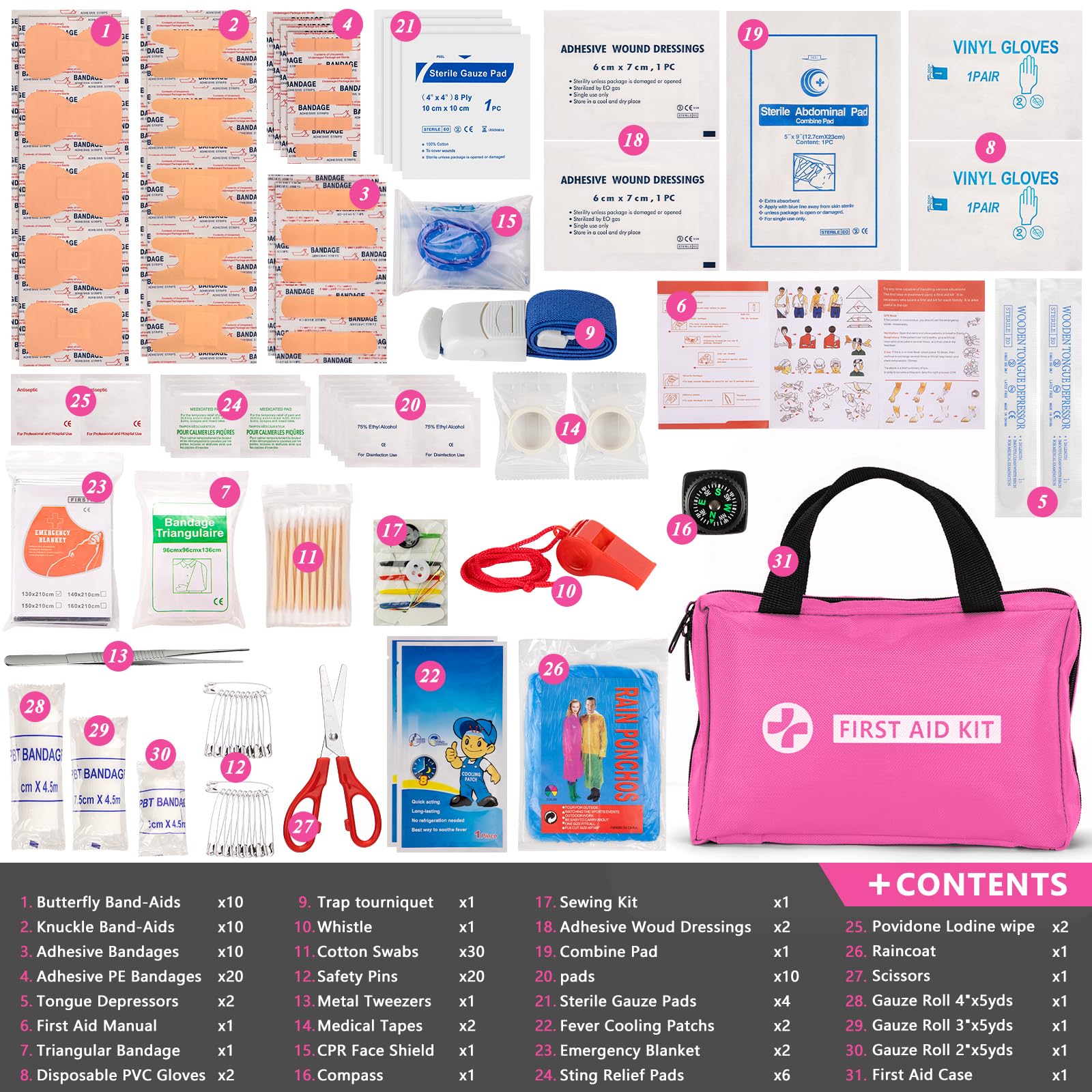 Car Emergency Kit with Portable Air Compressor - Roadside Assistance Emergency Kit, Winter Trave Assistance, Safety Emergency Kit for Cars, Trucks (Pink)