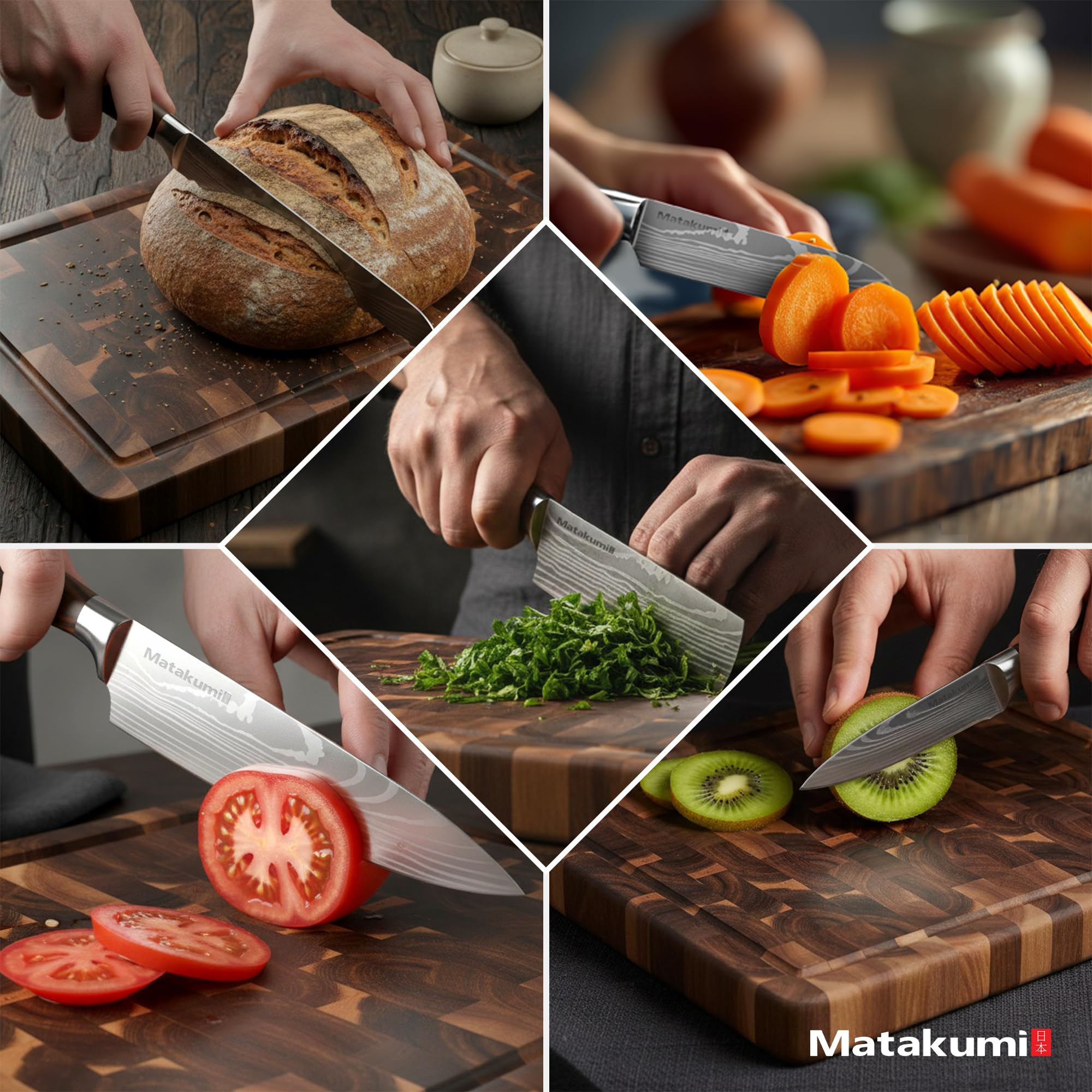 Matakumi juego de cuchillos de cocina con diseño damasco grabado, hojas afiladas de acero al carbono con mangos ergonómicos para uso duradero, juego de 5 piezas set de cuchillos de cocina profesional