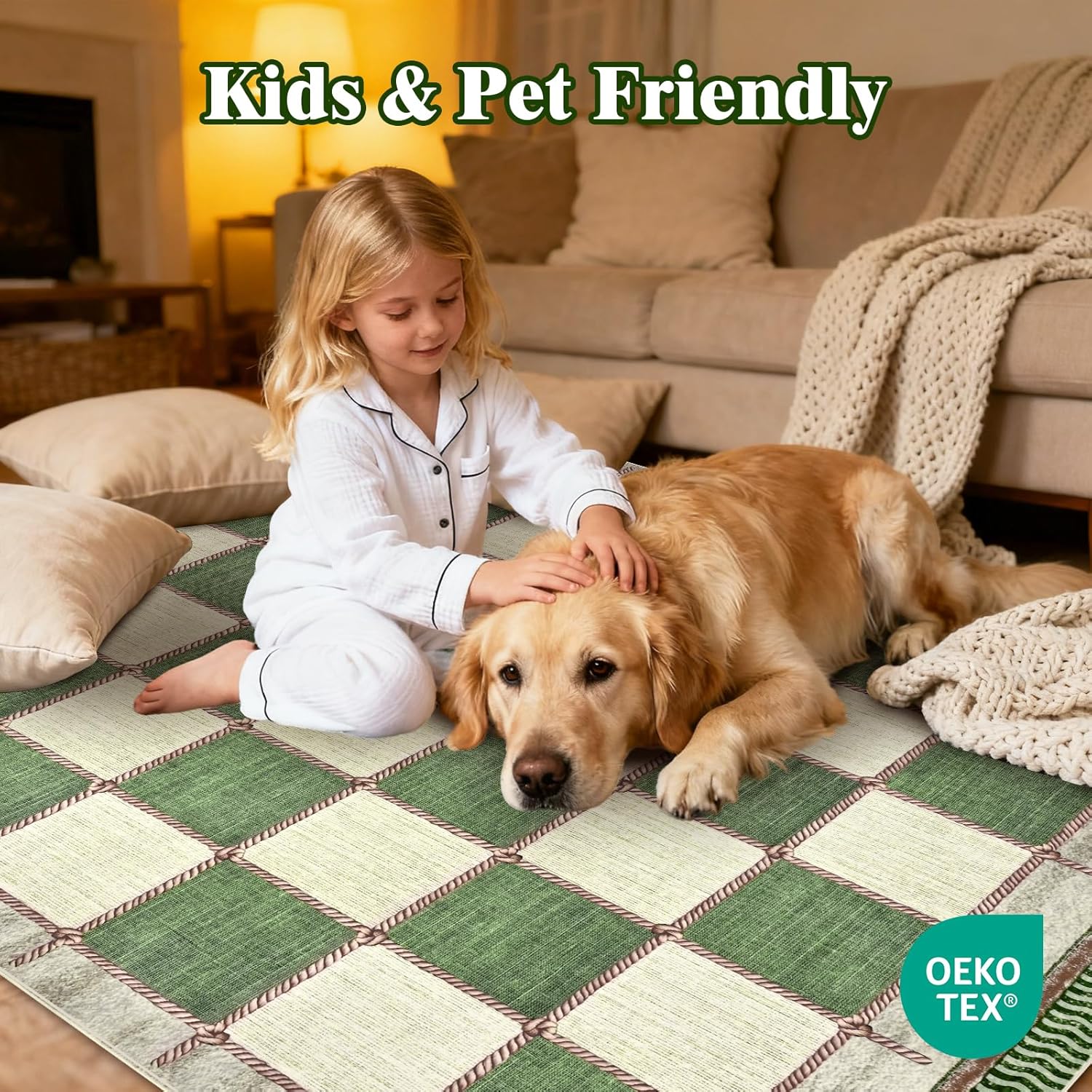 Yinhua Green Checkered 5x7 Area Rugs Farmhouse Washable Area Rug for Living Room Non Slip Soft Faux Wool Distressed Rugs for Bedroom, Low Pile Geometric Throw Rug for Nursery Office Playroom