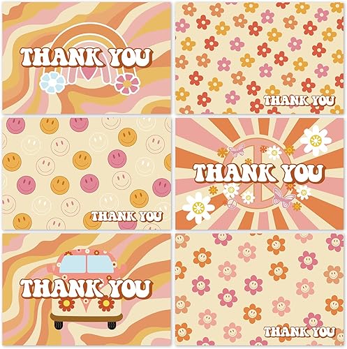 Whaline 36 tarjetas de agradecimiento estilo hippie retro para Acción de Gracias, bohemio, floral, con sobres y calcomanías, tarjeta de notas de
