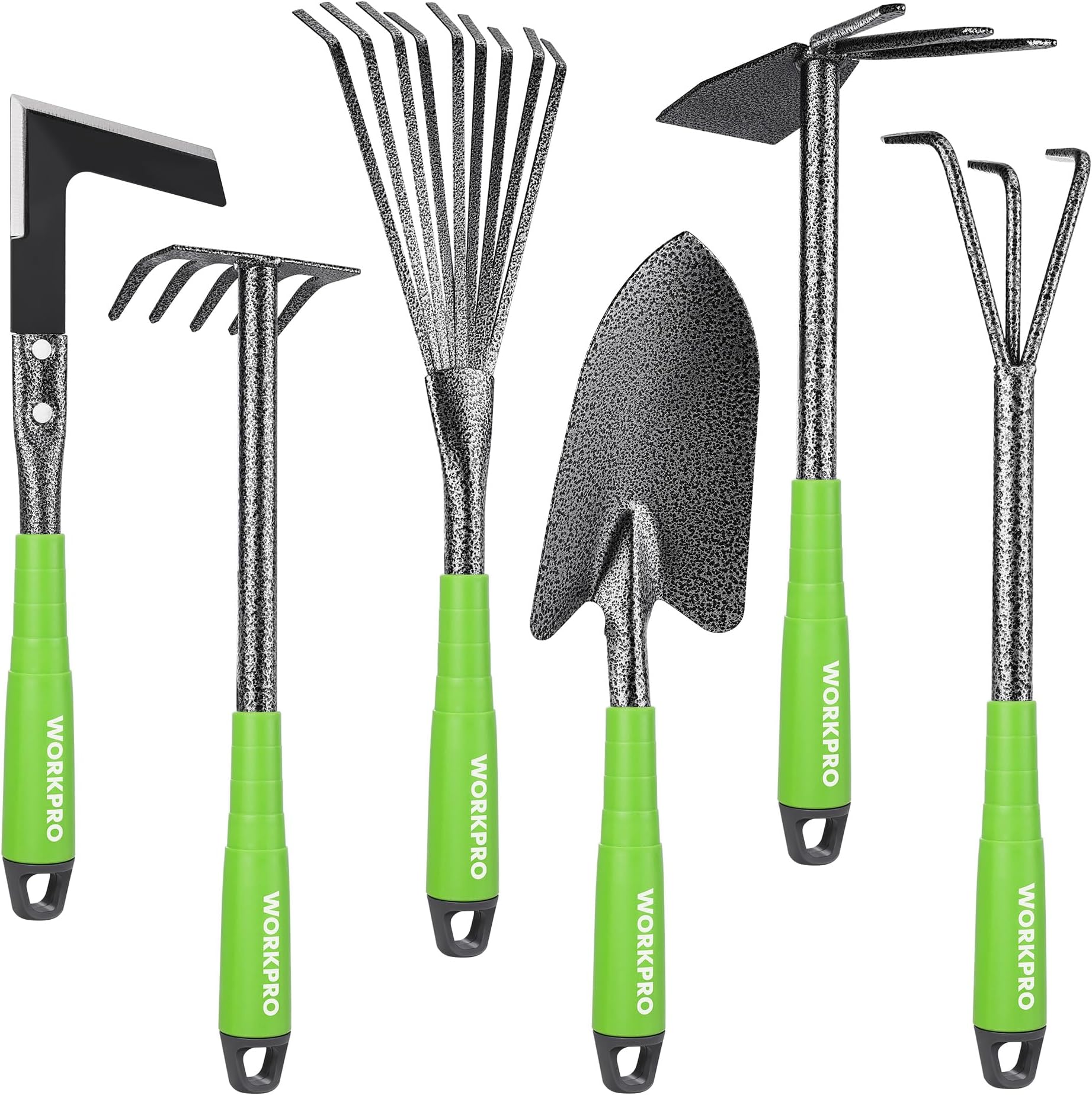 WORKPRO 6-Piece Garden Tool Set with Dual-End Hoe, Three-Pronged Claw, Five-Tooth Rake, Nine-Tooth Leaf Rake, Soil Shovel & Grass Hook, Perfect for Cultivating, Weeding, and Maintaining Garden