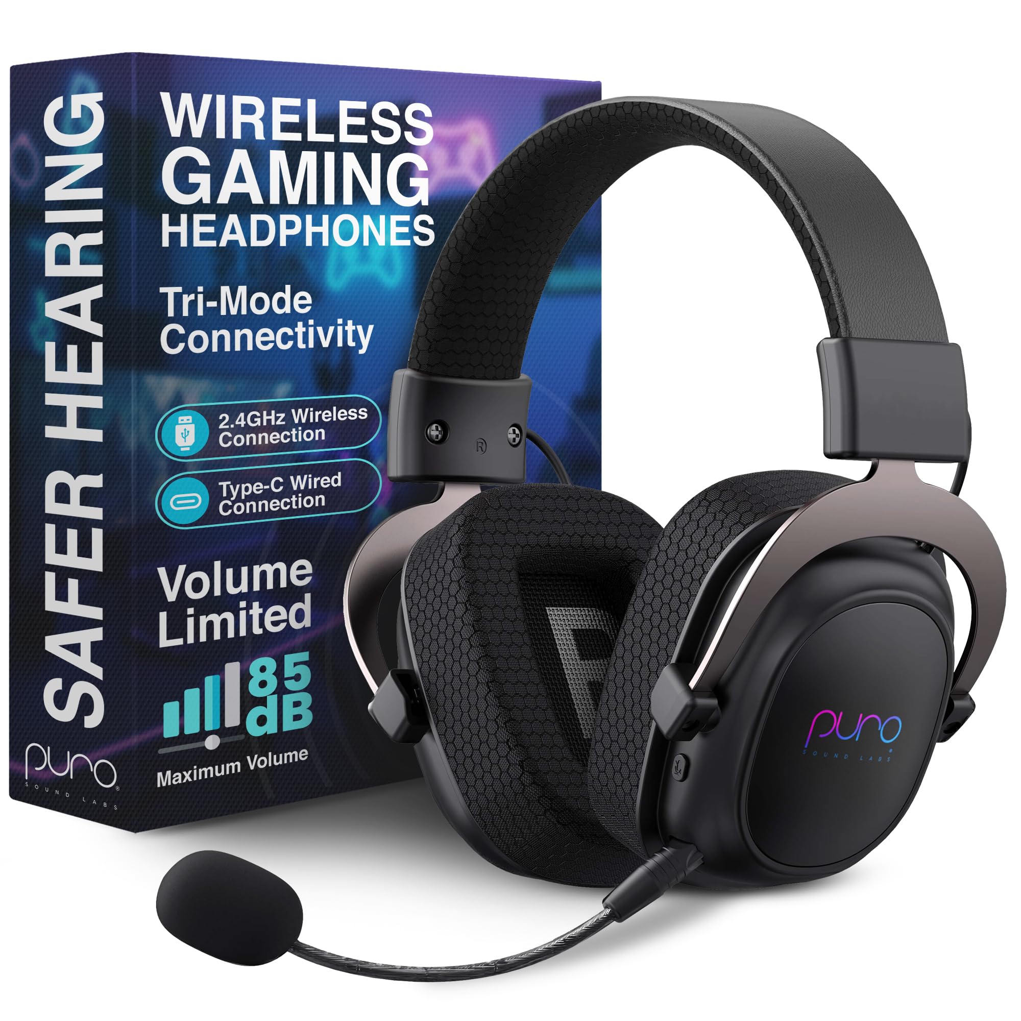 Puro Sound Labs PuroGamer-BT Casque de jeu sans fil, limitation du volume 85 dB, connectivité tri-mode, microphone amovible à 360 °, autonomie de la batterie de 32 heures, faible latence, design