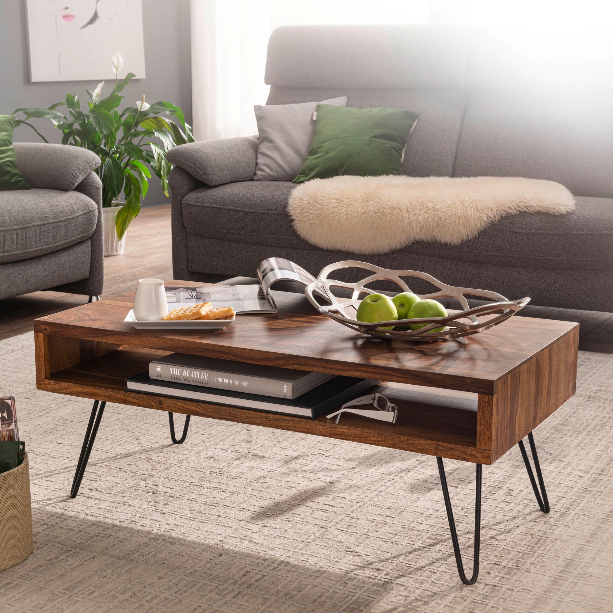 FineBuy Mesa de Centro Moderna 100x50x40 cm Madera Maciza de Sheesham y Metal | Mesa Auxiliar con Estante para Salón | Mesita Café Grande Rectangular para Sofá | Mesa rectangular industrial para sala de estar, mesa de sofá de madera real de segundo nivel,