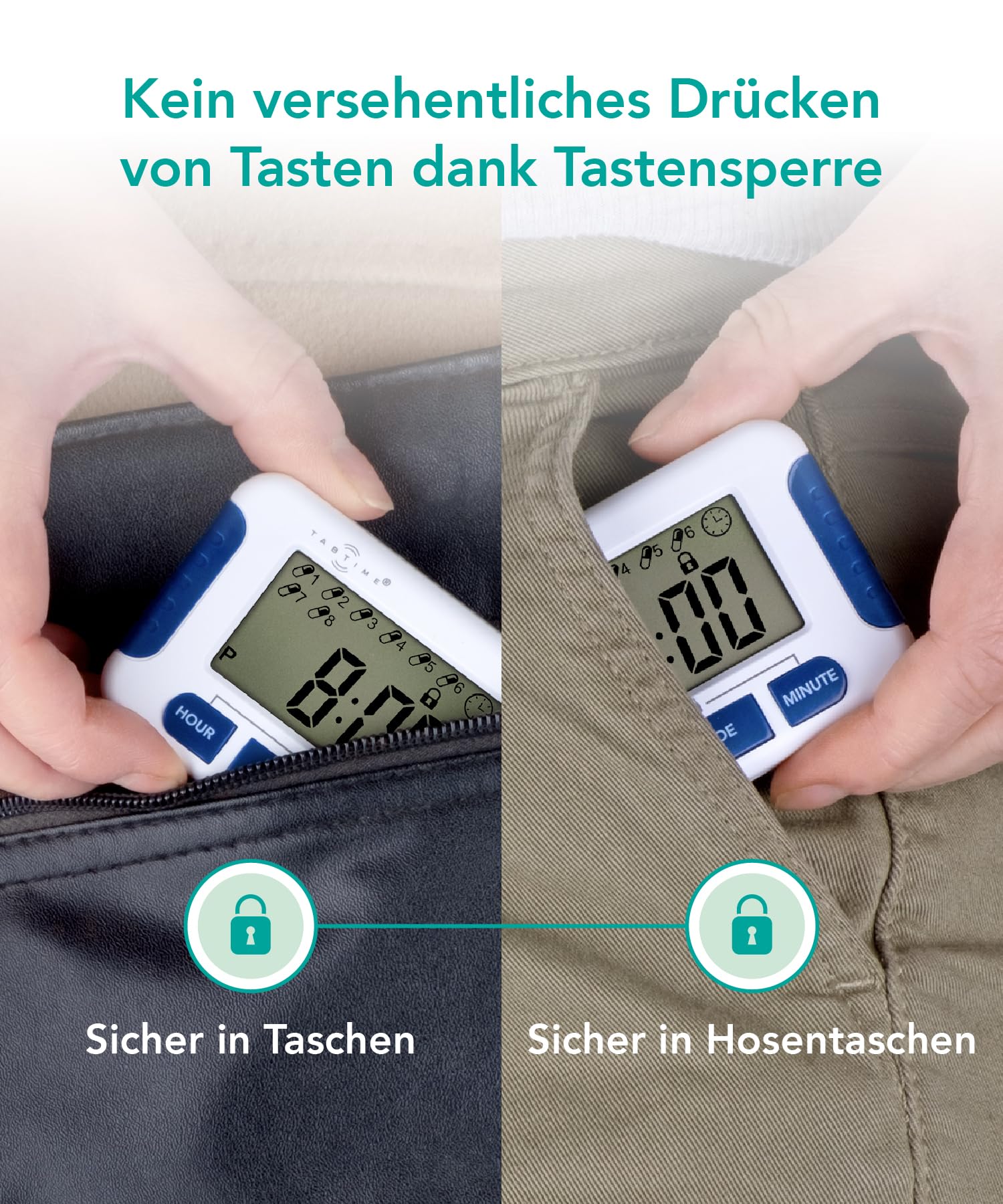 TabTime Timer (mit deutscher Anleitung), Pillenerinnerung, Medikamenten-Uhr/Wecker mit 8 Alarmen pro Tag, essentiell für Parkinson-Patienten