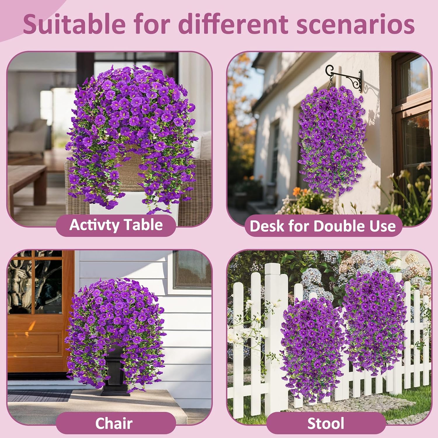 Rich and Eye-catching 5 PCS Artificial Hanging Flowers，Silk Morning Glory Faux Flowers with Eucalyptus Leaves,uv Resistant Fake Hanging Petunias Plants for Yard Decoration(Purple)