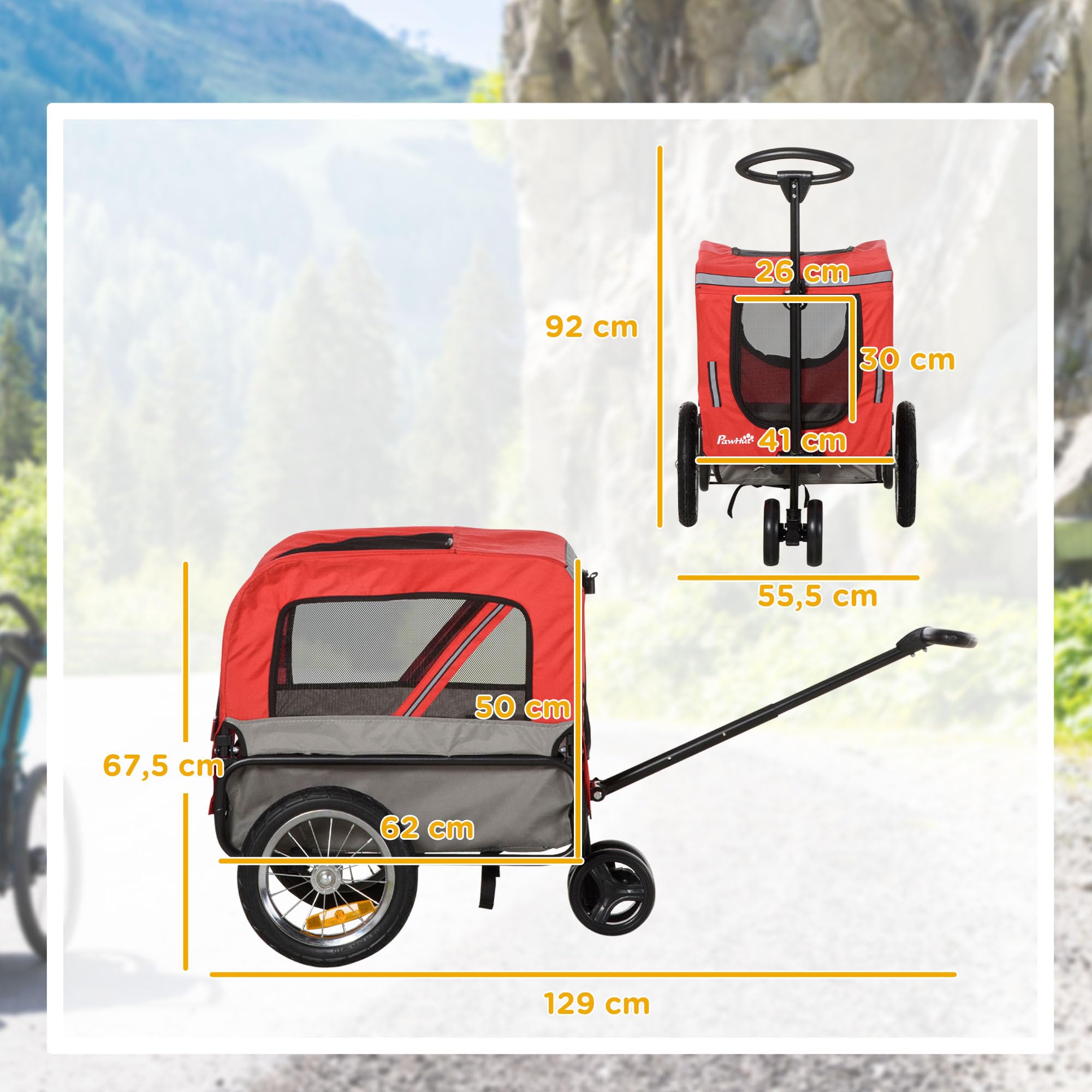 PawHut Remolque de Bicicleta para Perros 2 en 1 Carrito para Perros de Acero con Cinturón de Seguridad Mango de Empuje Extraíble Bandera y Reflectores Carga Máx. 30 kg 129x55,5x92 cm