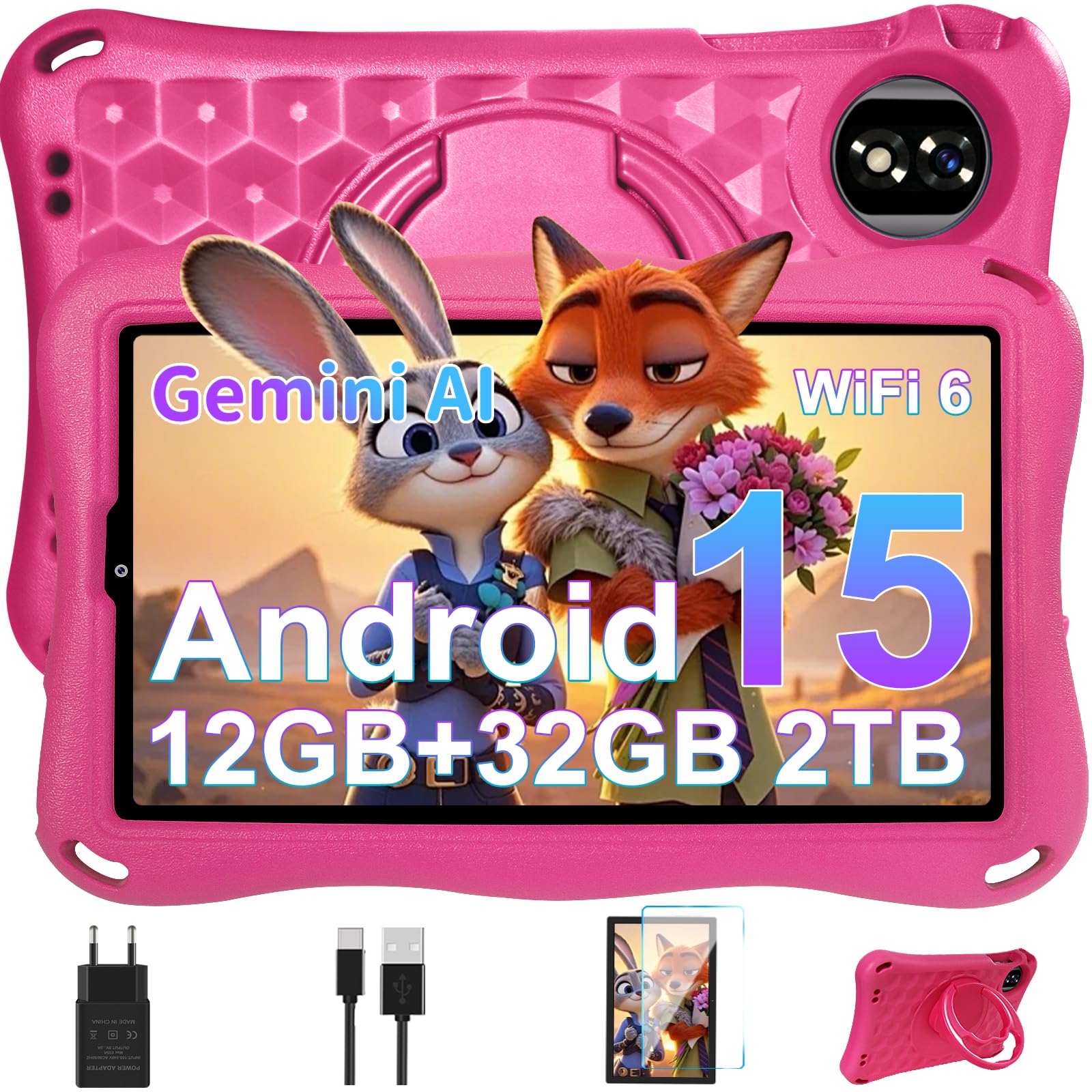 Tablet Bambini 9 Pollici Android 15 Tablet con Gemini Al, 12GB RAM+32GB ROM/TF 2TB,Octa-Core,2.0GHz,5G WiFi6,BT5.0,8+5MP,5000mAh,Widevine L1,Parentale Controllo Tablets con Eva Caso-Rosa