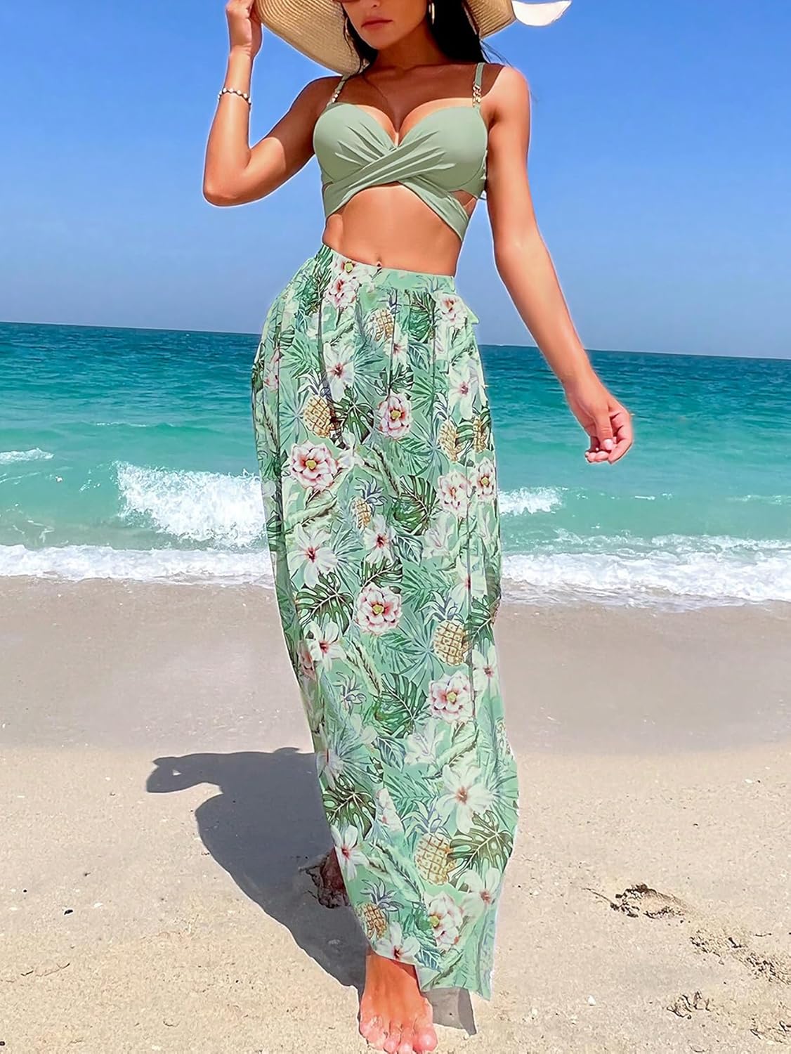 SweatyRocks Women's 3 Piece Floral Tropical Swimsuit Crisscross Tie Back Bikini Sets with Cover Up Skirt