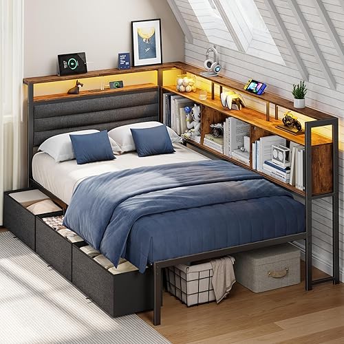 Marco de cama esquinero con estantería de almacenamiento y luces LED, marcos de cama de tamaño individual con cabecera tapizada y estación de carga,