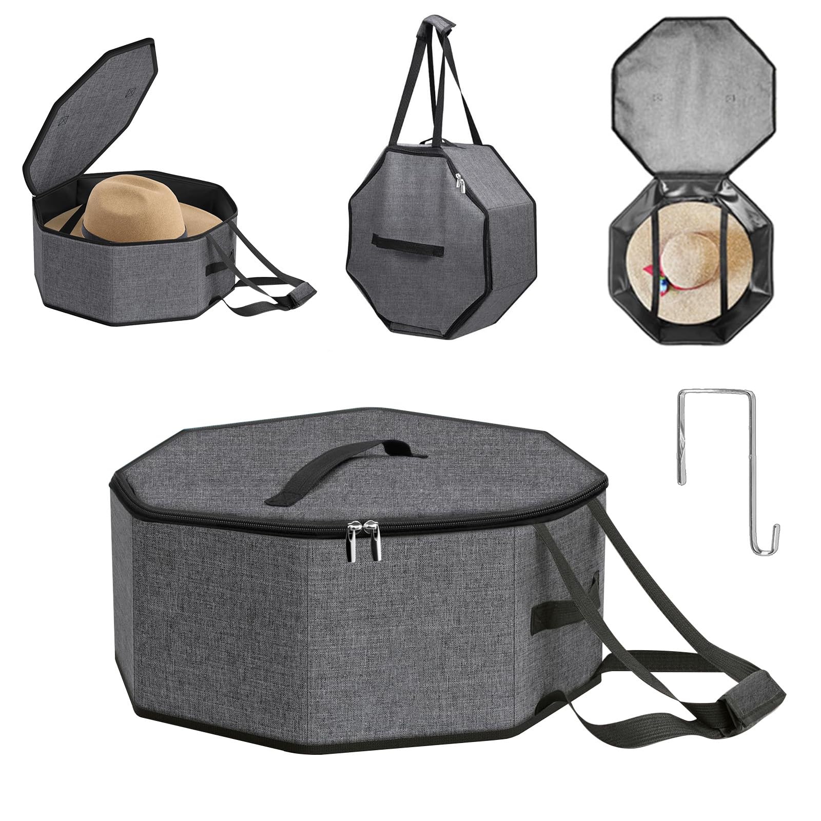 ReignSword Hat Box for Travel and Storage, Collapsible Large Hat Travel Case for Cowboy with Handles, Cowboy Cap Organizer with Door Hook for Women & Men (Grey)