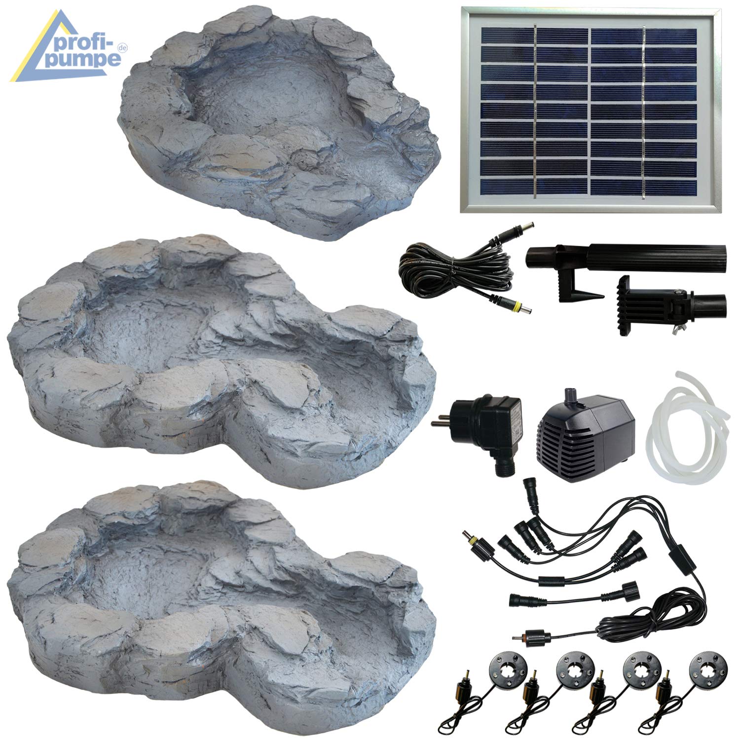 Solar GARTENBRUNNEN Bachlauf QUELLBACH II mit LED-Licht/Hybrid-System, 230V ZIERBRUNNEN VOGELBAD Wasserfall GARTENLEUCHTE TEICHPUMPE - SPRINGBRUNNEN WASSERSPIEL für Garten, Gartenteich, Teich