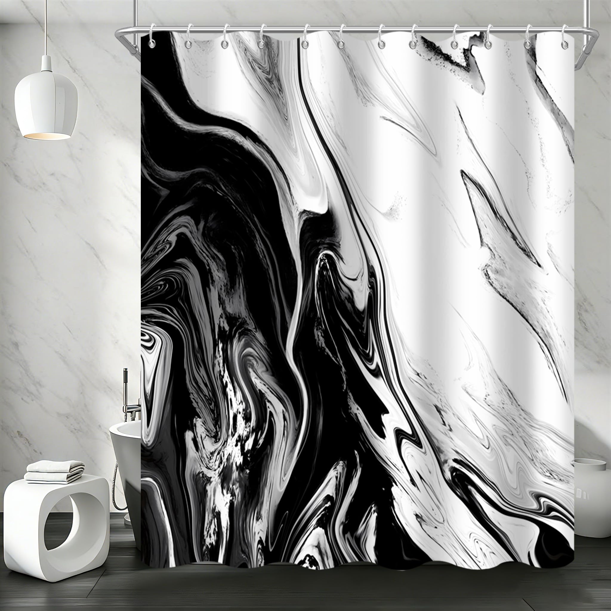 GCIREC Shower Curtain, 120x180cm, Black White Texture Ink Marble Modern Art Waterproof Fabric Machine Washable Bathroom Curtain with Hooks — image 1