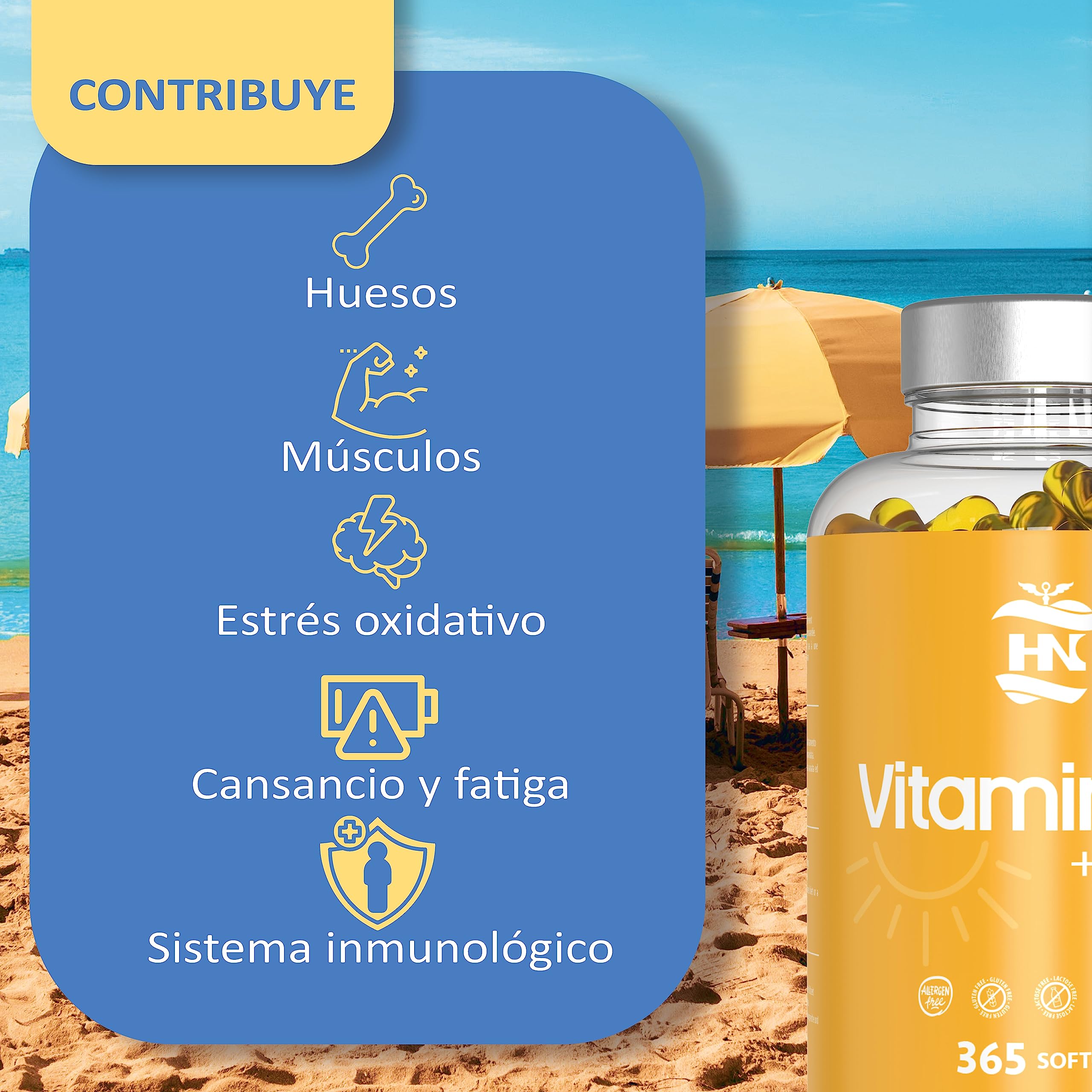 Vitamina D - 365 Cápsulas de vitamina D3 K2 – Vitamina D (5000 UI) altamente concentrada. Favorece la función inmunológica y ósea - 365 cápsulas (1 Bote 365 Cápsulas) (Paquete de 2)