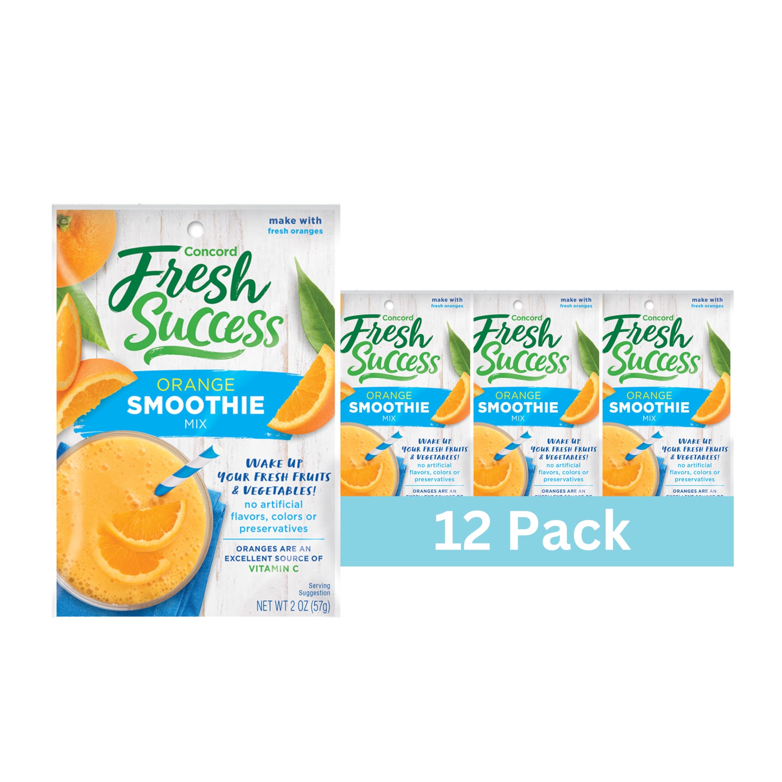 Concord Foods Orange Smoothie Mix - Citrus Flavor with No Artificial Flavors, Colors, or Preservatives - Ideal for Fresh Fruit Smoothies - 2 oz Pouch for Healthy Smoothies Pack of 12