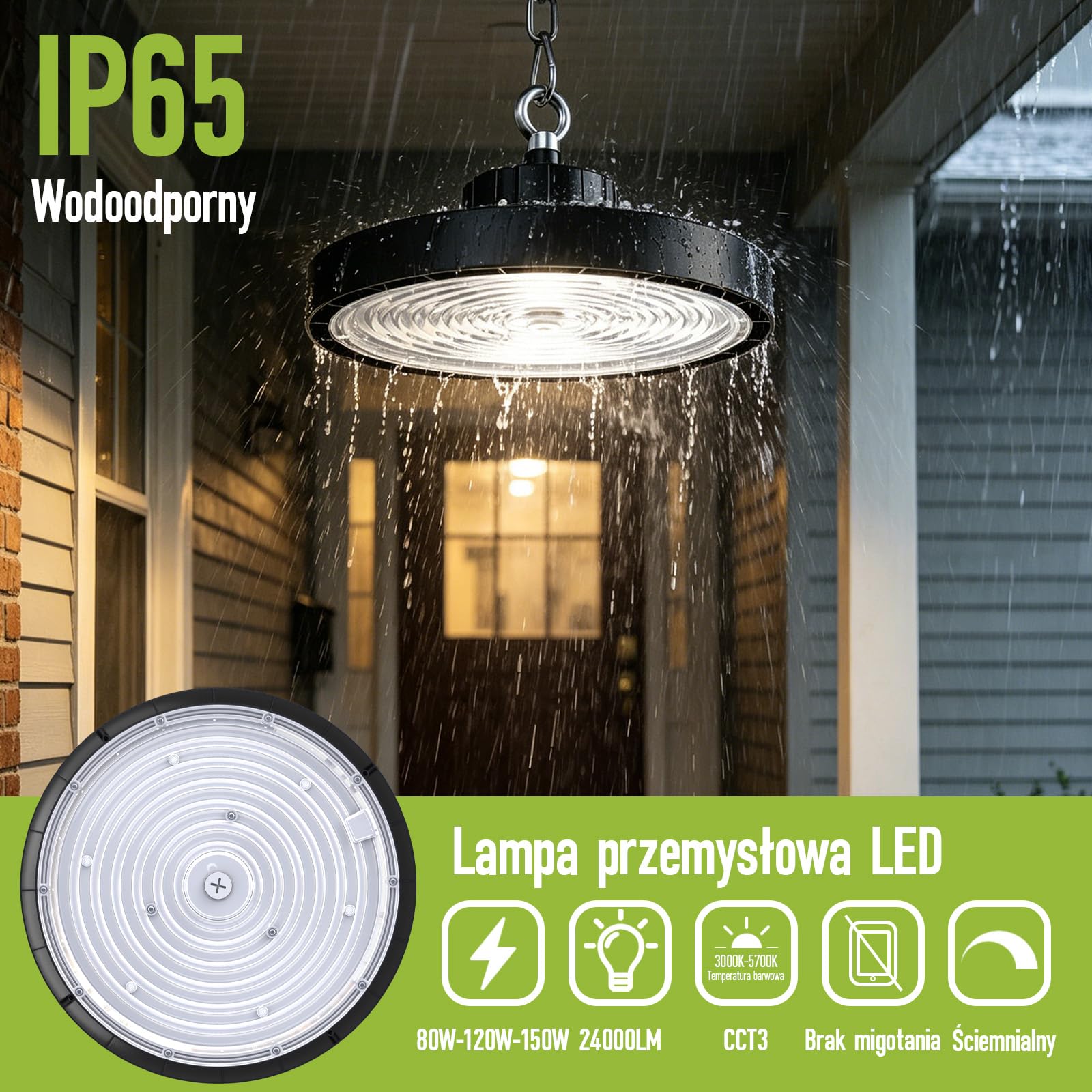 150W UFO LED High Bay Light 22500lm Możliwość ściemniania 3000K-5000K Lampa Przemysłowa IP65 Wodoszczelna Energooszczędny Reflektor Halowy do Fabryk na Lotnisko Patio Restaurację