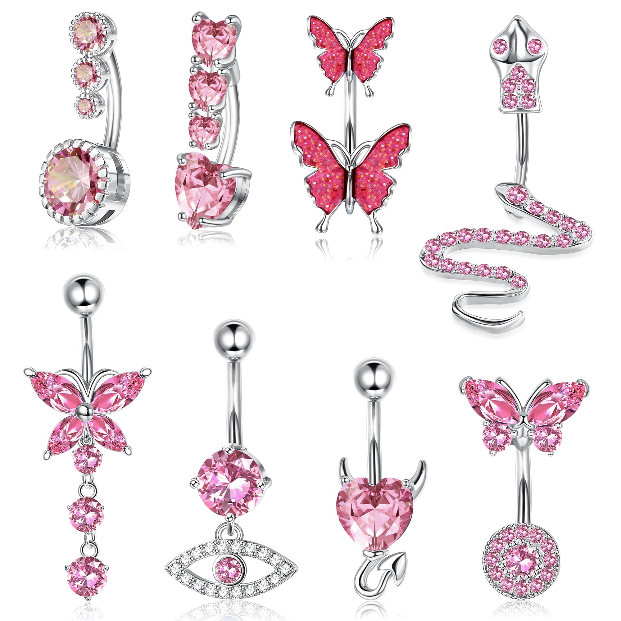 Adramata 8 Piezas Anillos de Ombligo 14G,Linda Serpiente Chapada en Oro Mal de Ojo Corazón Claro CZ Mariposa,Anillos Colgantes Para el Ombligo Para Mujer Piercing Ombligo Acero Quirurgico