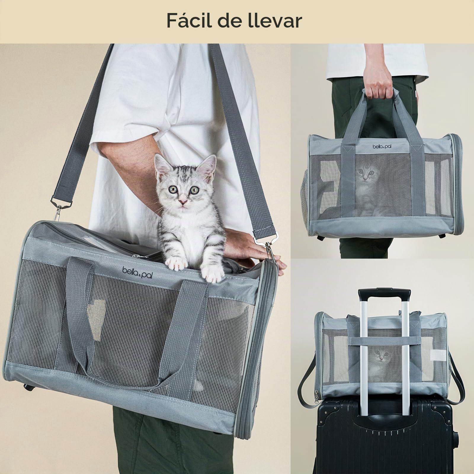 BELLA & PAL Transportín para Gatos/Cachorros, Bolsa Transporte para Mascotas, Bolsa Plegable para Gatos con Tela Resistente a Arañazos, Cremallera Antiescape, Adecuada para Viajes en Avión, M