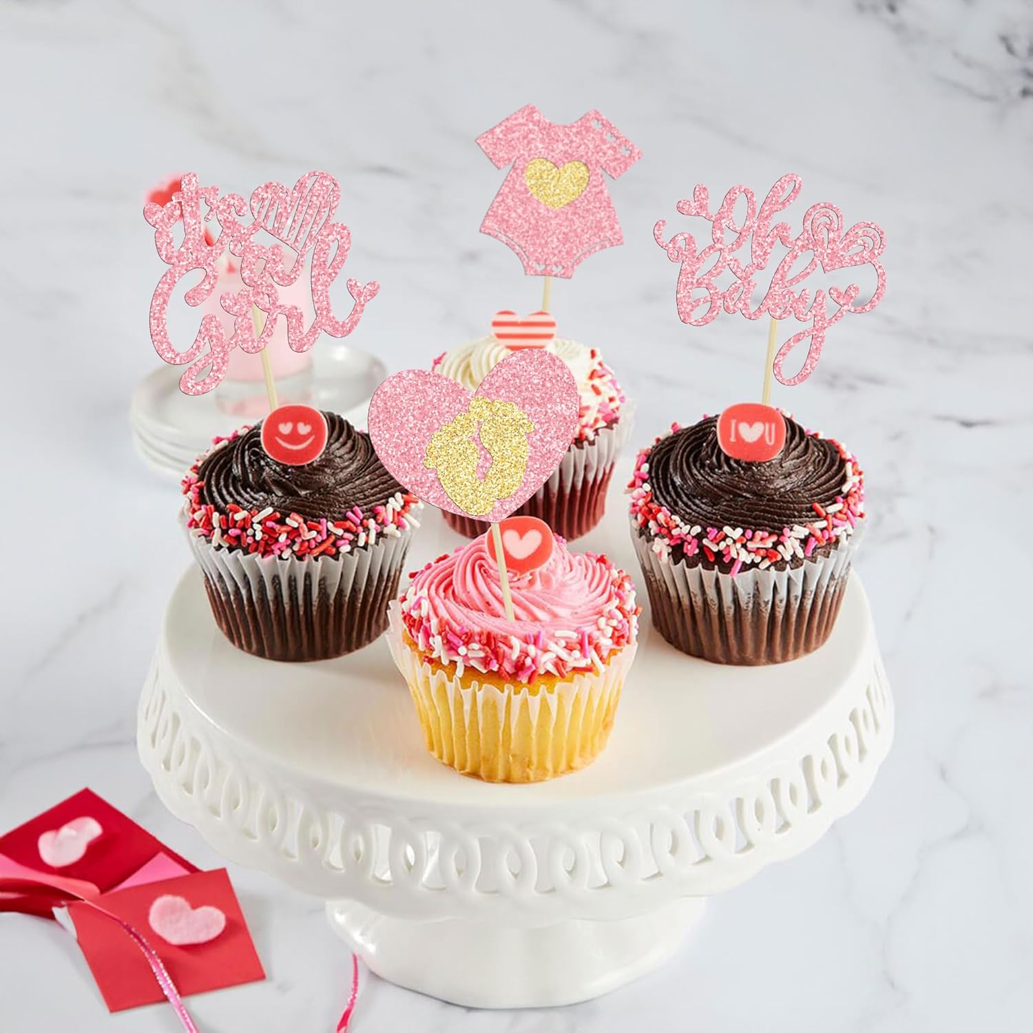 Ephlyn 24Pcs Happy Valentine's Day Oh Baby Cupcake Toppers Glitter Baby Feet Onesie Heart It's a Girl Cupcake Picks for Baby Shower Birthday Party Cake Decorations Supplies Pink - Image 5