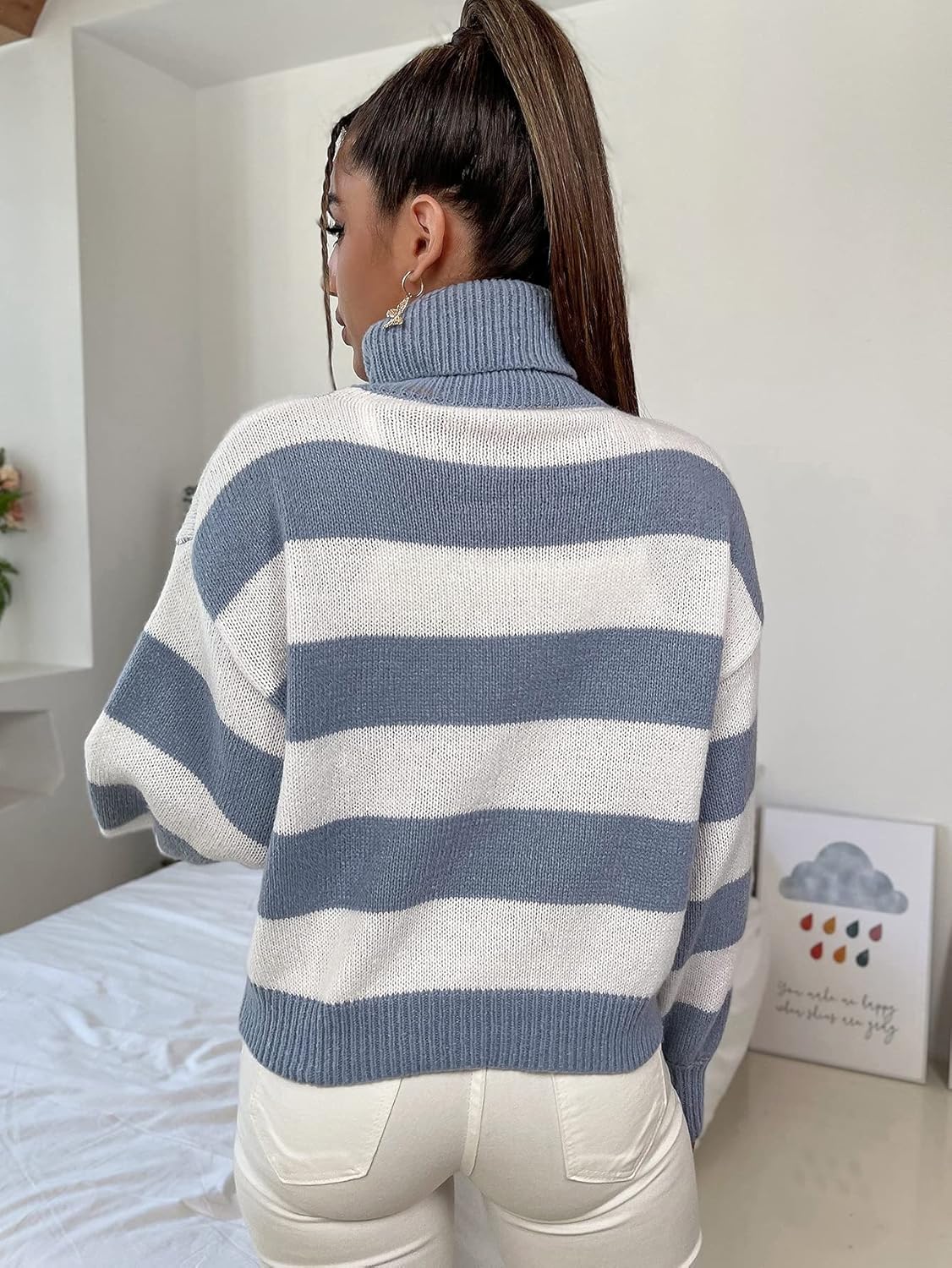 Women's Sweater Turtle Neck Striped Sweater Sweater for Women (Color : Blue and White, Size : Small)