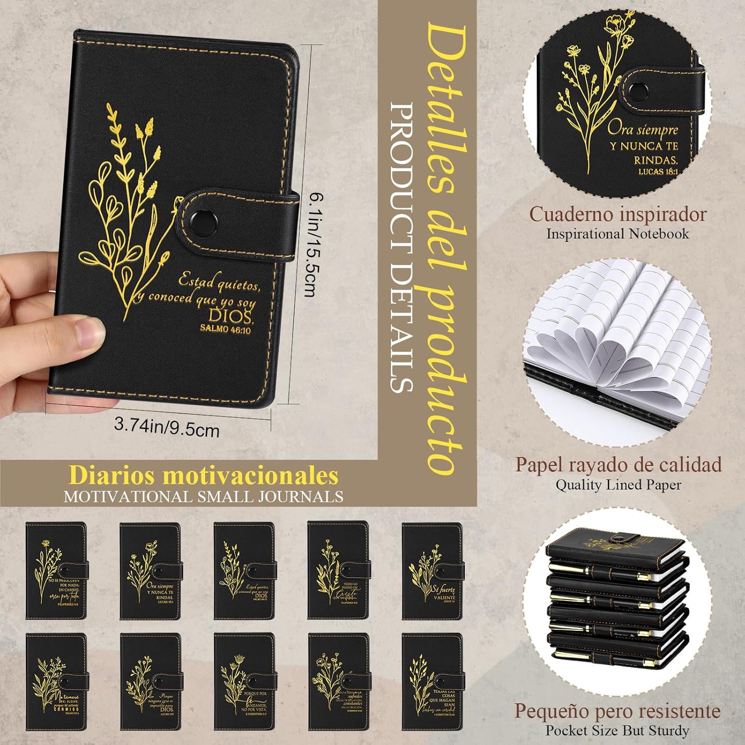 Spakon 10 Sets Christian Mothers Day Gifts for Women Men Bulk Religious Leather Notebook Prayer Journal Pen Church Gift Bible Study Scripture Mom Grandma Dad Favors (Spanish Floral,Black)
