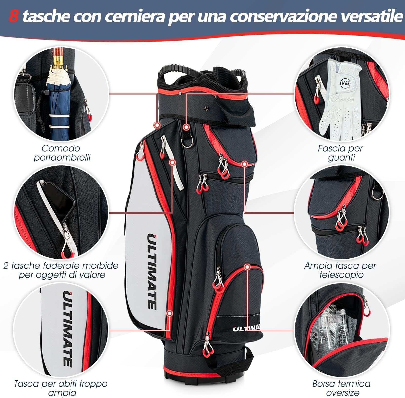 GYMAX Borsa da Golf 14 Divisori 8 Tasche con Cerniera Borsa Termica Copertura Antipioggia
