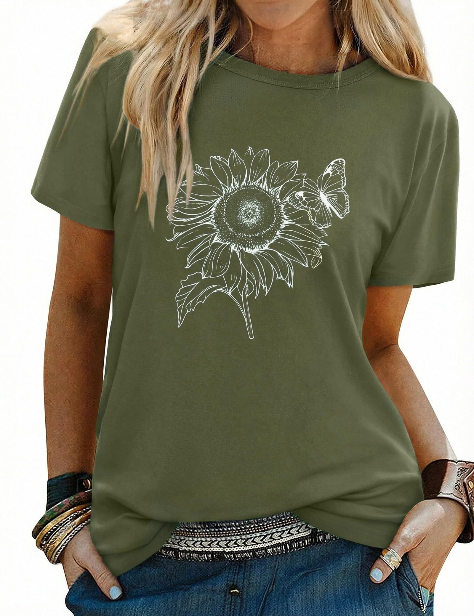 Gyabnw Damen Sonnenblumen T Shirt Sommer Rundhals Basic Tops Kurzarm Bluse Casual Freizeit Oberteil