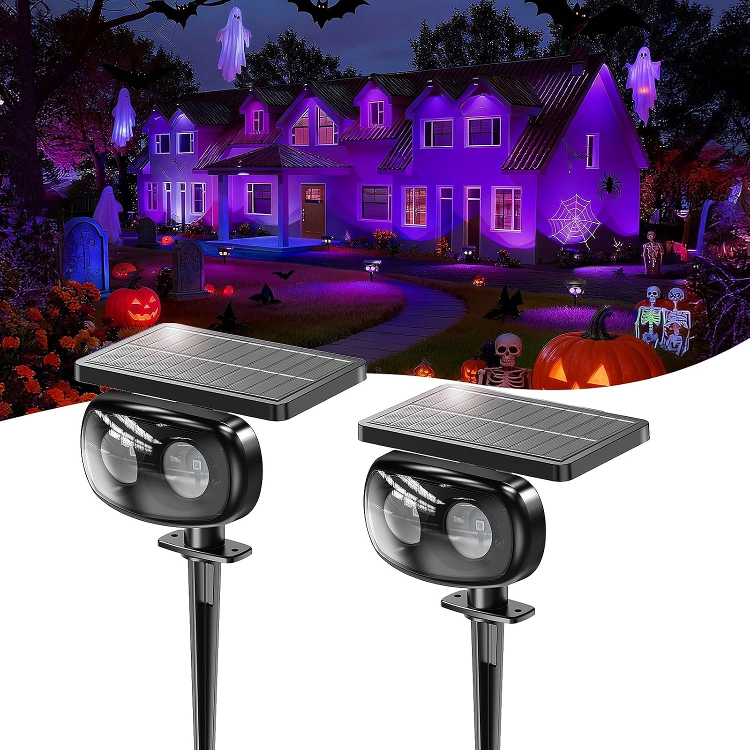 Solar Black Light Outdoor 395nm, Halloween Decorations Glow Party, 2-Pack | IP68 Steady Breathing and Strobe Modes Glow in the Dark Party for Yard Patio Pathway Porche Fence Wall Mount and Neon Outdoor