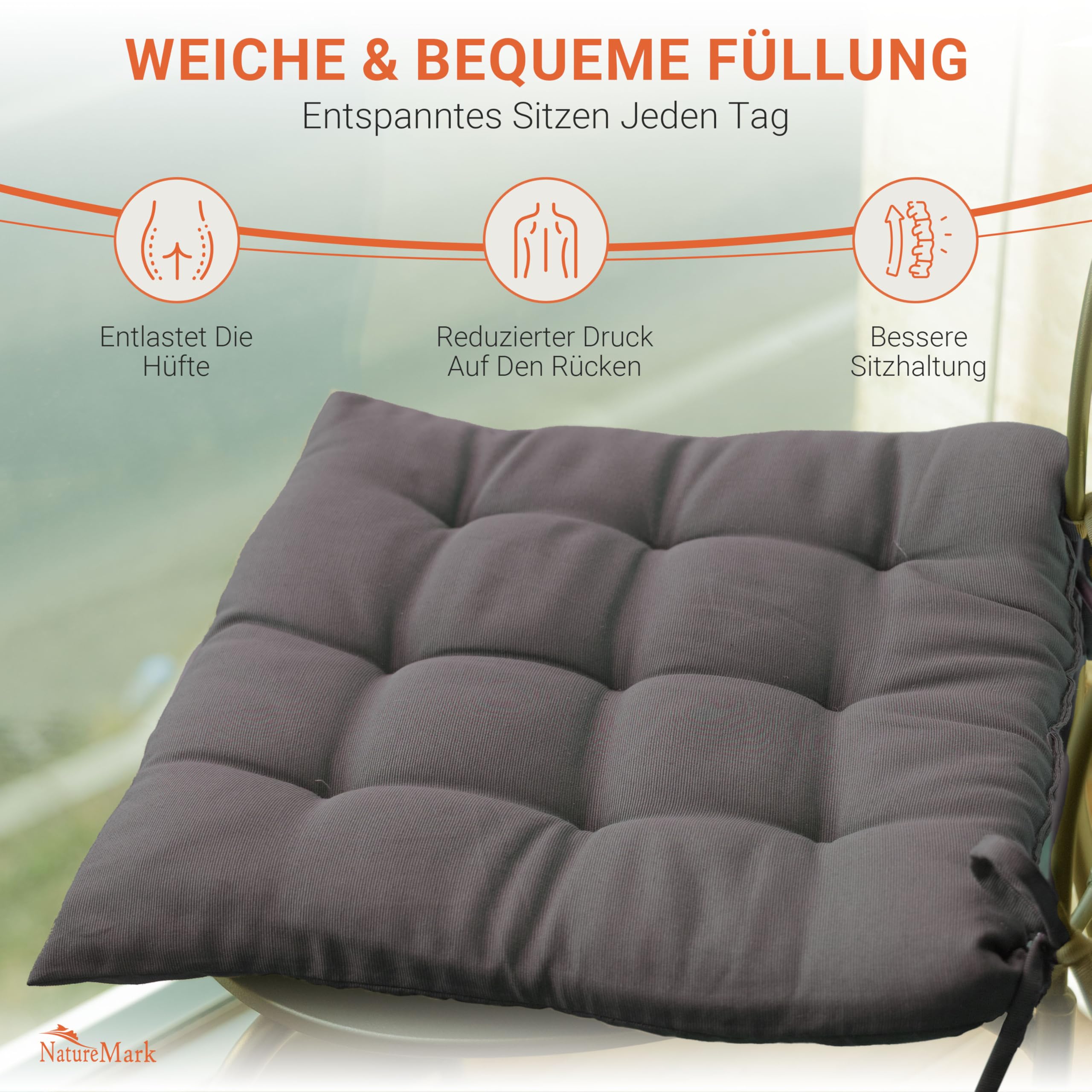 NatureMark 4er Set Stuhlkissen mit Bändern 40x40 cm – Gefüllte Sitzkissen, Outdoor & Indoor – Anthrazit Grau
