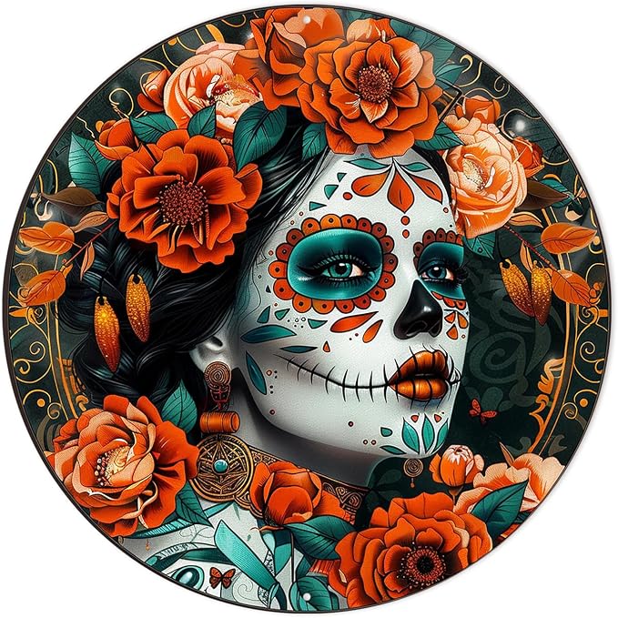 Round Metal Sign, Calavera Sugar‑Skull Autumn Motif, 6 Inch, Bedroom Living Space, Weather Resistant Hanging Plaque