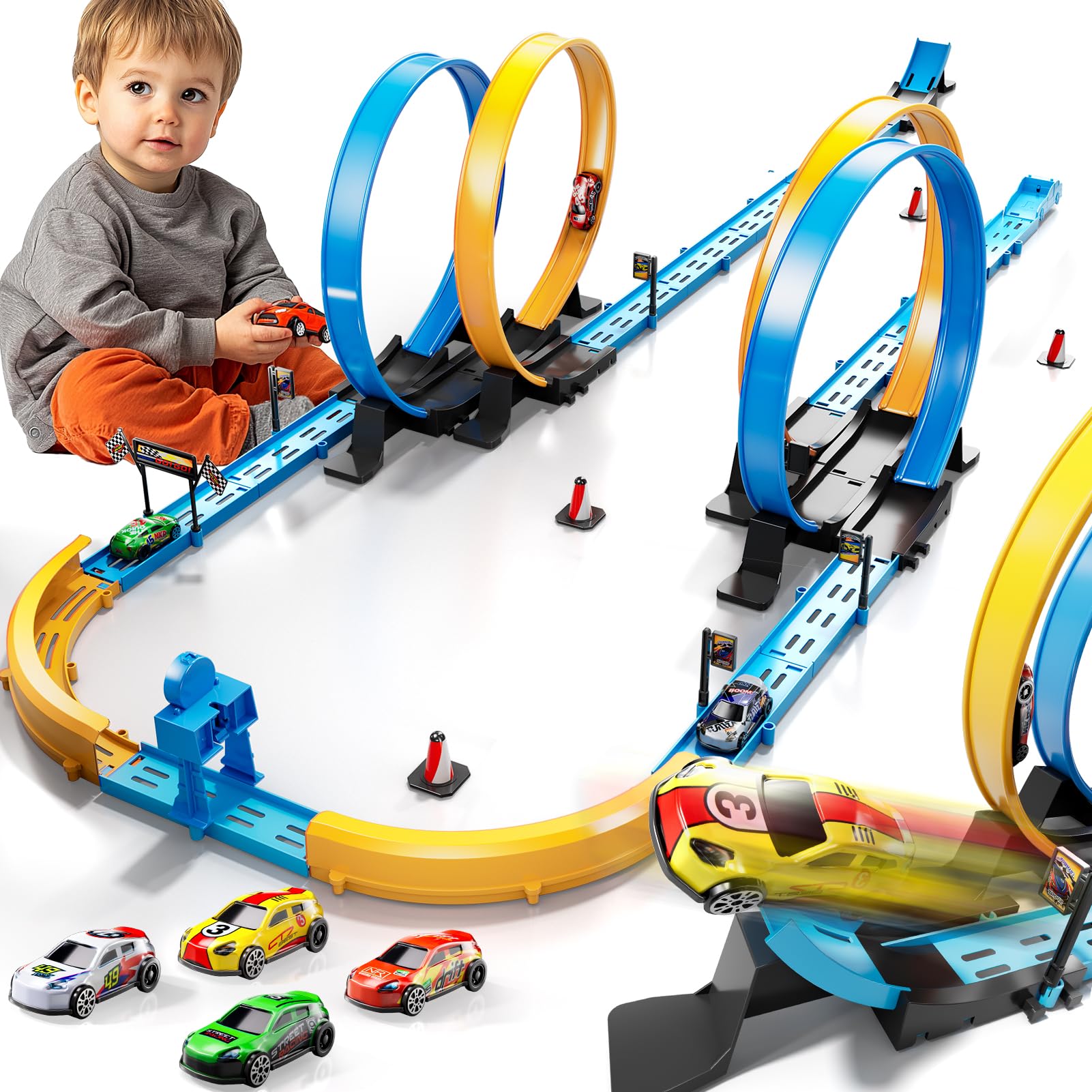 Speelgoedauto Baanset, 4M Blauw Dualrace Track, Geschenkspeelgoed, Kinderen Racen Speelgoed, Baanset met 4 Voertuig, Oprijplaat voor Jongenskinderen, Auto's Werken op en Buiten de Baan