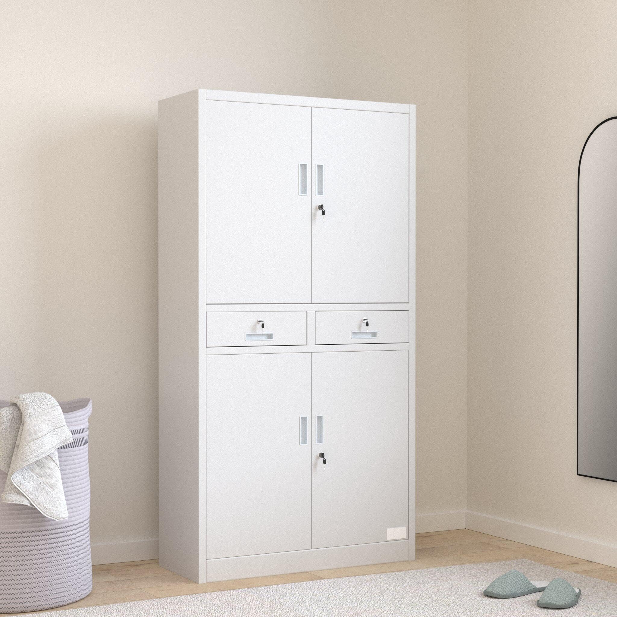 tectake® Armario Archivador Oficina en Acero, Armario Exterior e Interior con Candado Seguridad, Armario Multiusos con 5 Alturas, 4 Puertas, 2 Cajones, 3 Estantes Ajustables, 180x90x40 cm - Gris
