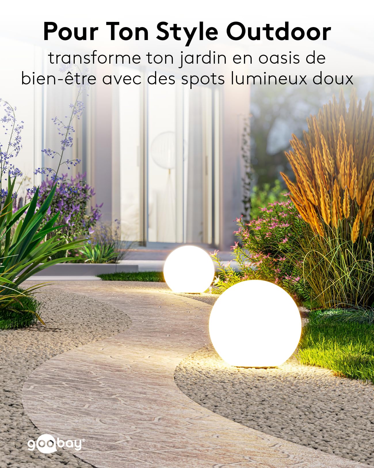 goobay LED Solar Ball 35 cm - Boule lumineuse RGB d'extérieur, résistante à l'hiver, étanche | Lampe solaire, lampe décorative pour terrasse, balcon, jardin, avec 10 modes d'éclairage et piquet