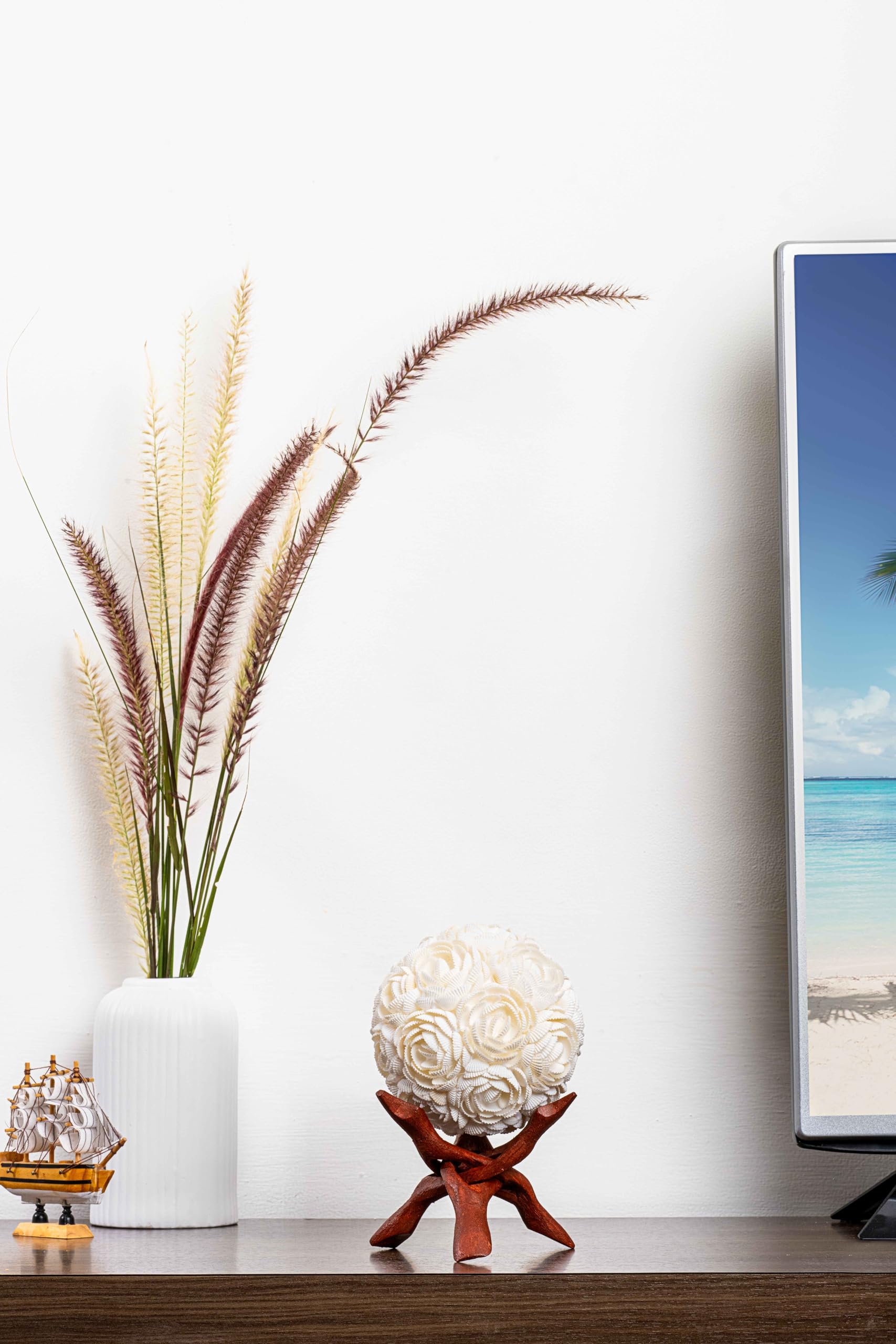 The Shell Shop&CO Shell Ball White Chippy Flower Big for Living Room,Bedroom .Premium sea Shell Home Decoration