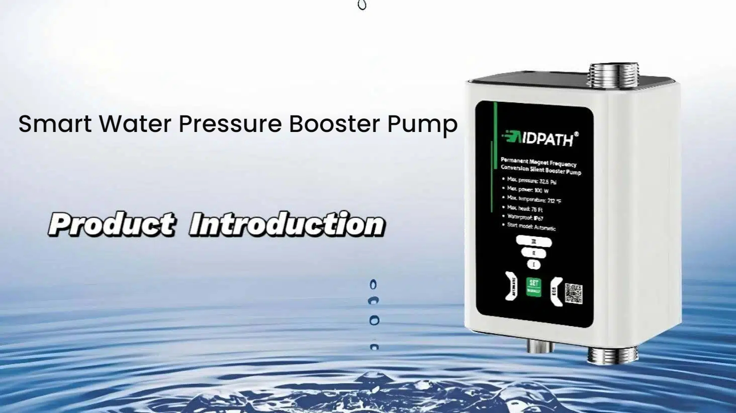 AIDPATH Smart Water Pressure Booster Pump – 33 PSI, 475 GPH, 100W, 115V – Auto Speed/Power Adjust, 50% Energy Saving – 3/4" NPT In/Out With 1/2" Adapter – For Home, Shower, Whole House