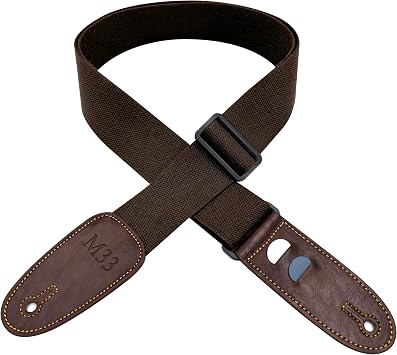 M33 Guitar Strap with Pick Holder, Adjustable Cotton, Multi-Layered Synthetic Leather Ends Fits Acoustic, Electric, Bass brown