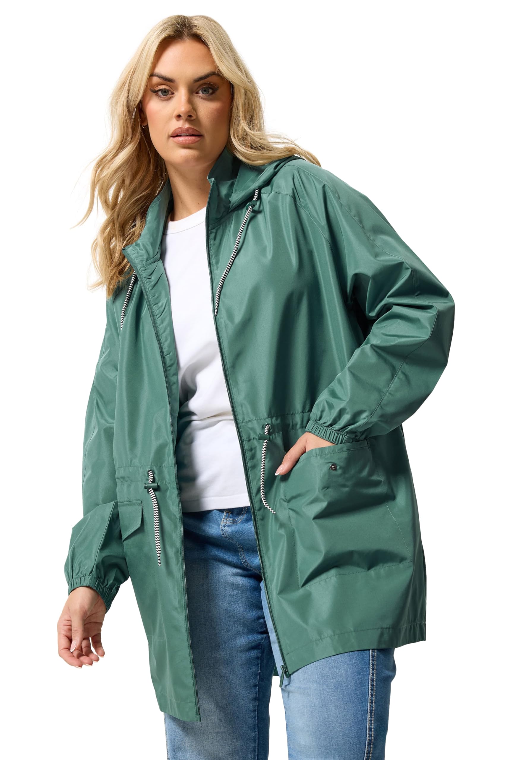 Yours Women's Green Drawstring Lightweight Parka Jacket In | Size: 26-28