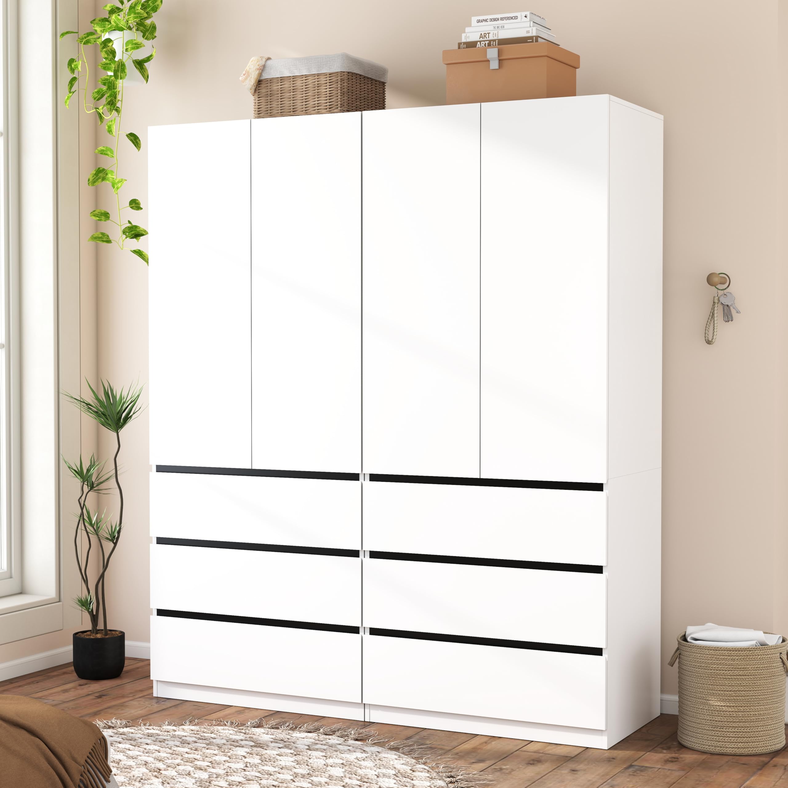 Mhsatyrs Armoire Wardrobe Closet with Drawers：75" Large White Wardrobe Closet Cabinet with 4 Doors for Hanging Clothes, Modern Wooden Bedroom Armoires