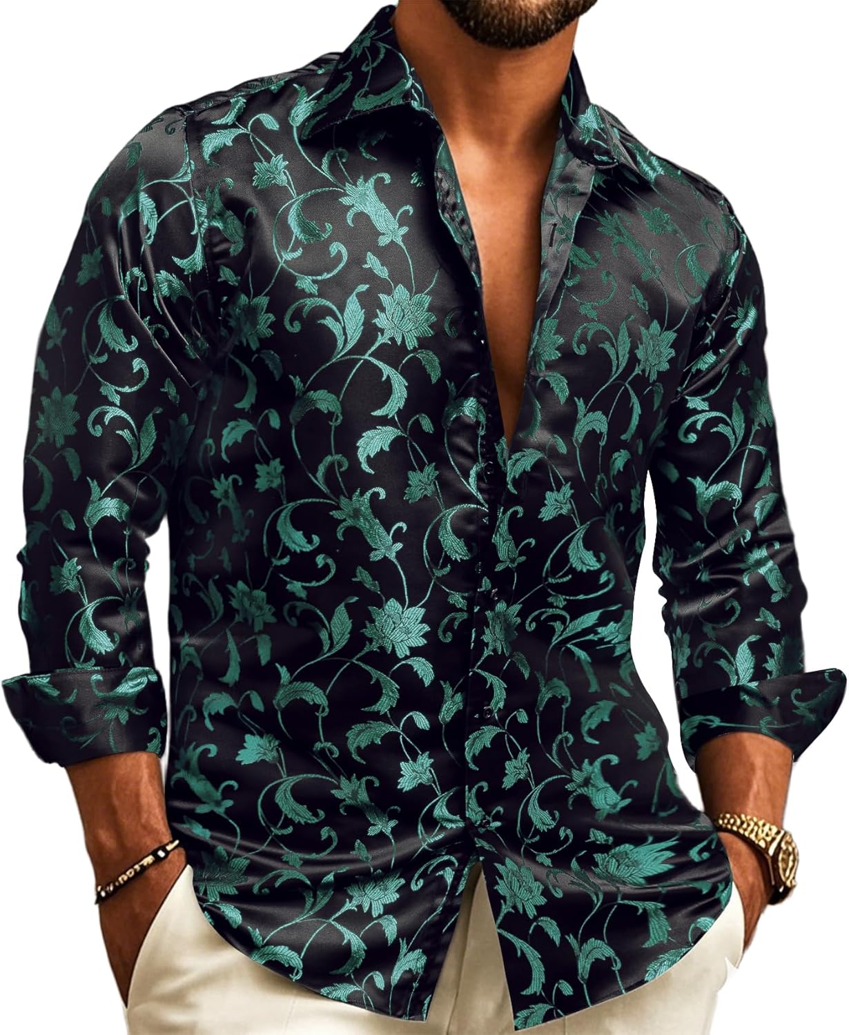 Barry.Wang Mens Casual Long Sleeve Shirts Silk Button Up Novelty Paisley Formal Dress Shirt Western Mexico Cowboy