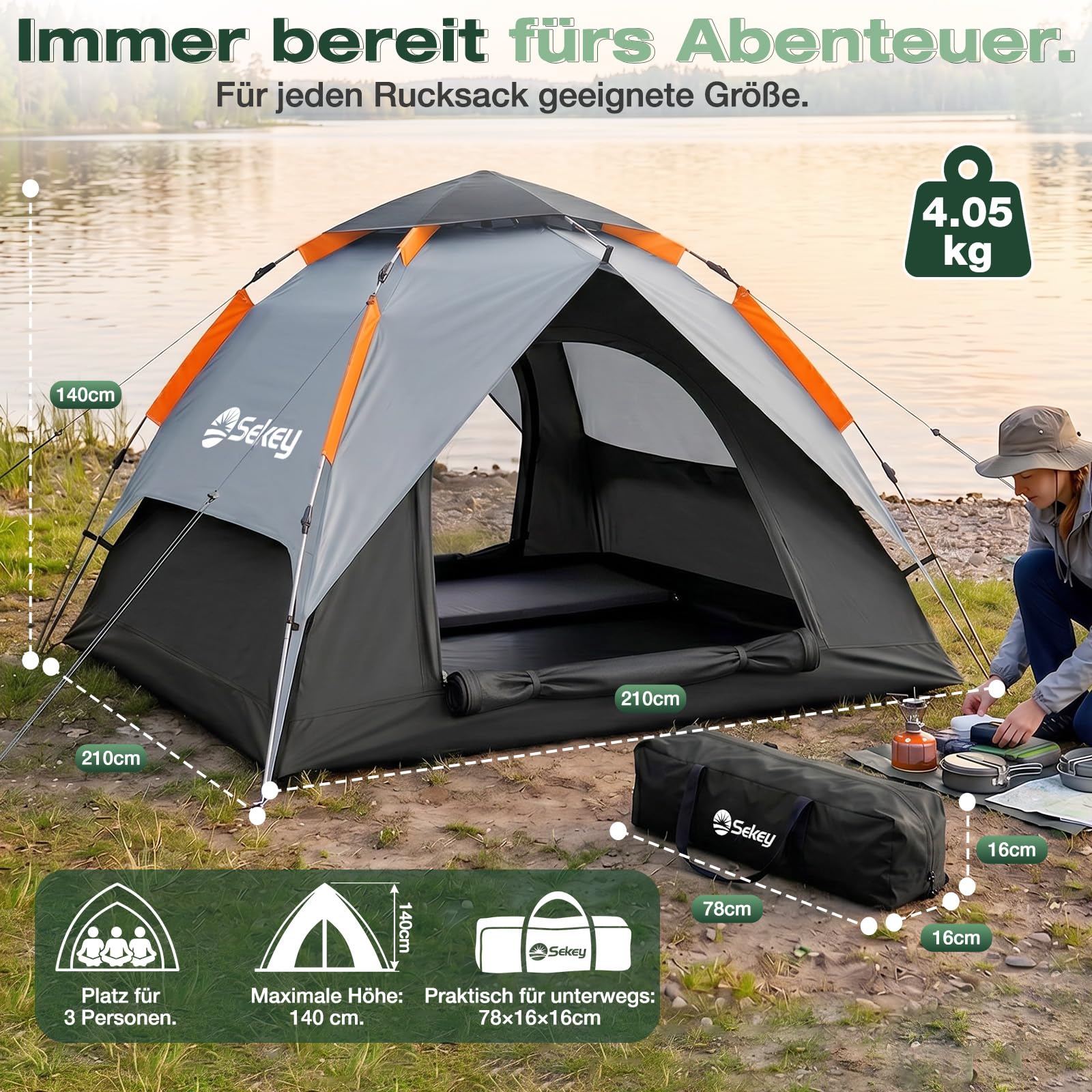 Sekey Tienda de campaña Pop Up para 2 personas, 2 en 1, tienda de campaña con interior o tienda de playa, sin tienda interior, montaje rápido, tienda automática impermeable PU3000 UPF50+,