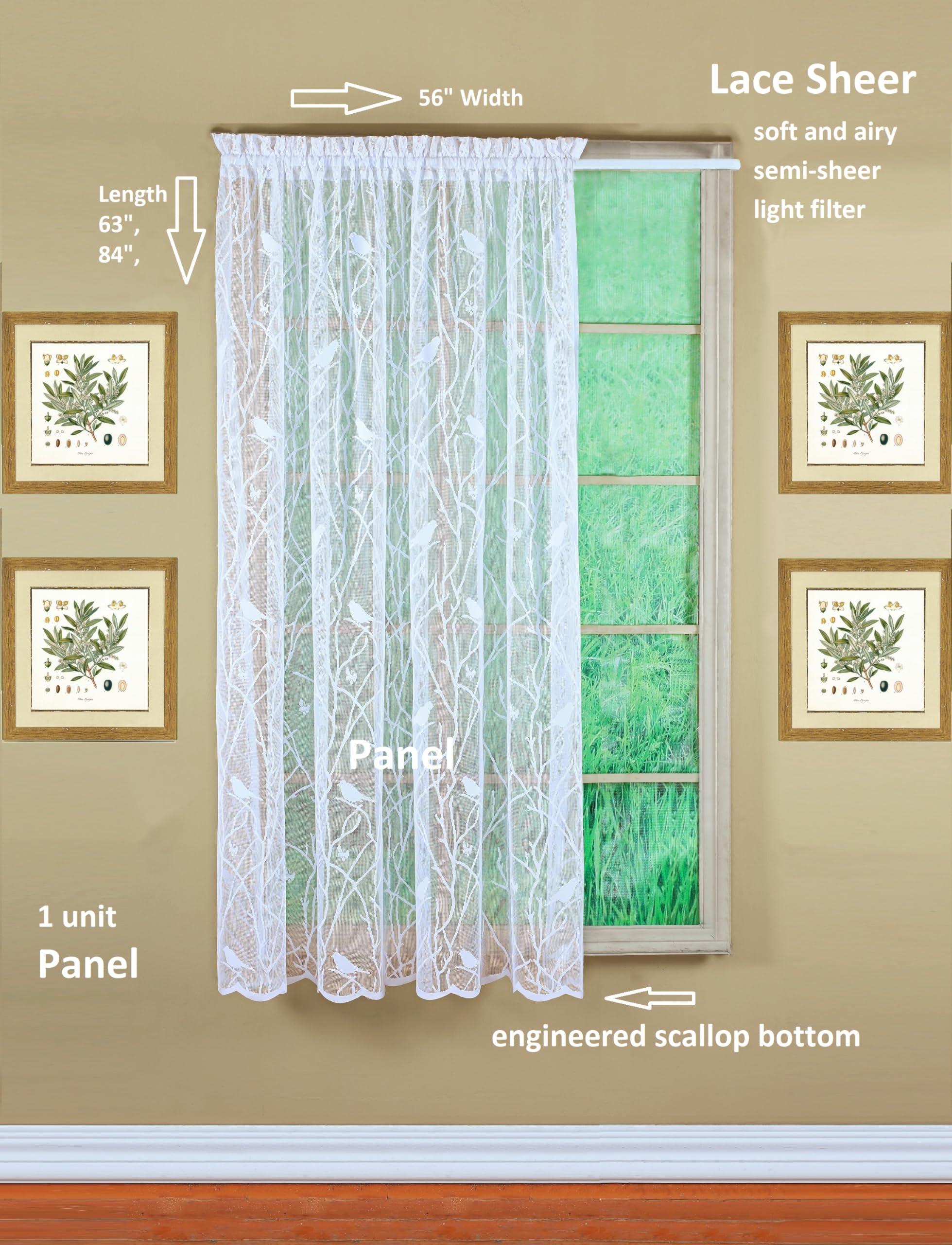 Today's Curtain, Songbird Semi-Sheer Lace Panel 63", White, 56" W x 63" L, W 56" x L 63" (1 Panels) - Image 2