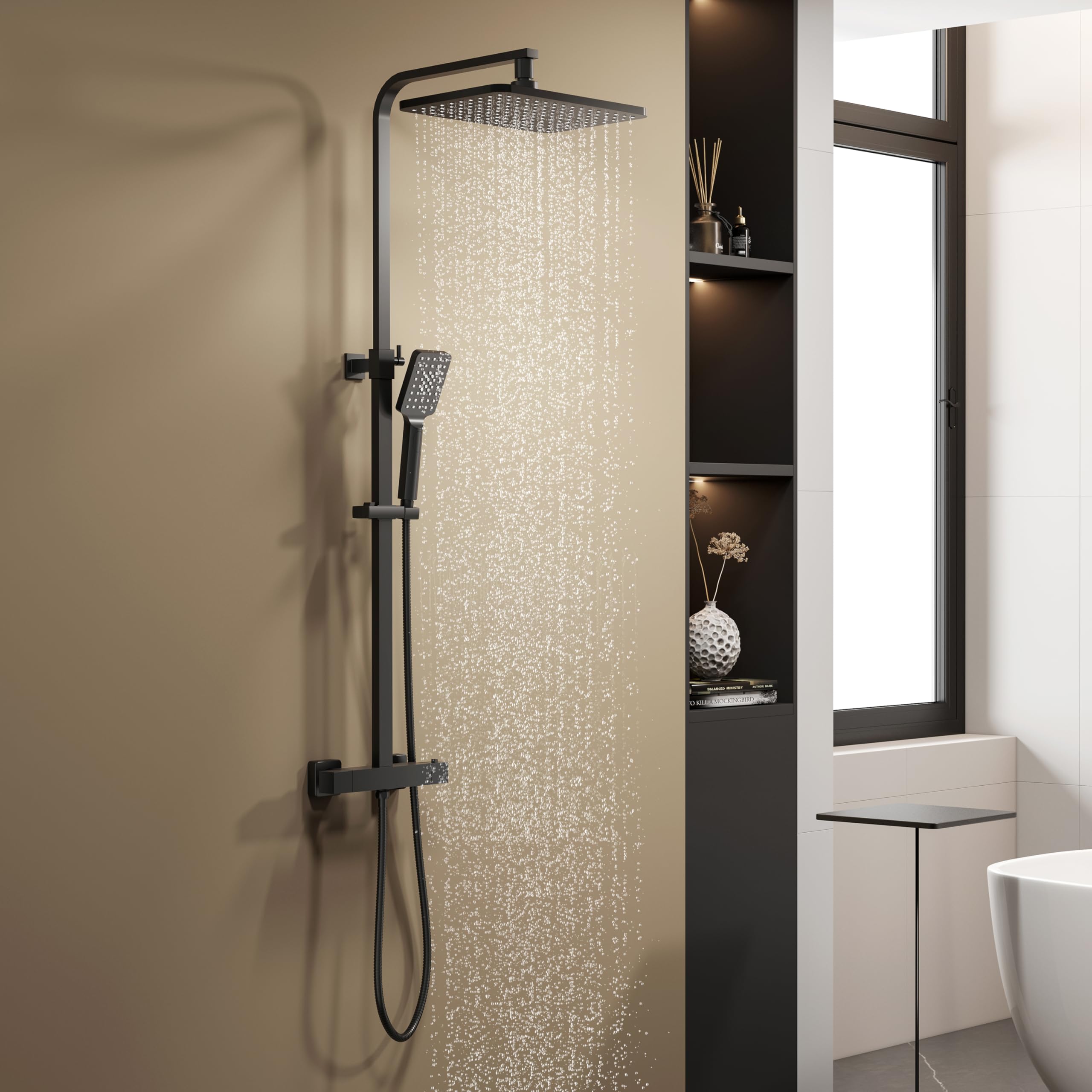 YOOZENA Duscharmatur Komplettset, Duschsystem mit Thermostat, Duscharmatur Schwarz,Kopfbrause, Duschkopf mit Schlauch und Halterung, Regendusche mit armatur Schwarz