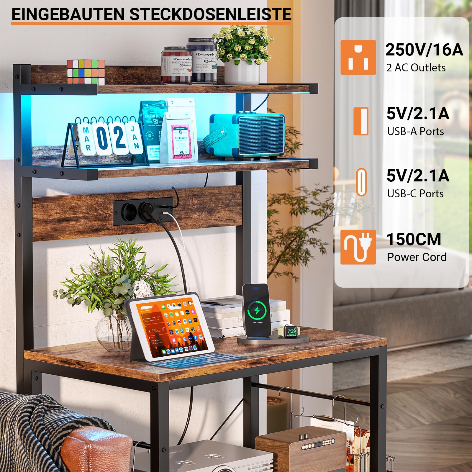 iSunirm Bäckerregal mit Steckdose, Mikrowellenständer, 5-stufige Kaffeebarstation mit LED-Leuchten, Küchenregal mit 6 S-förmigen Haken, Küchenregal für Gewürze, Töpfe und Pfannen, Rustikales Braun