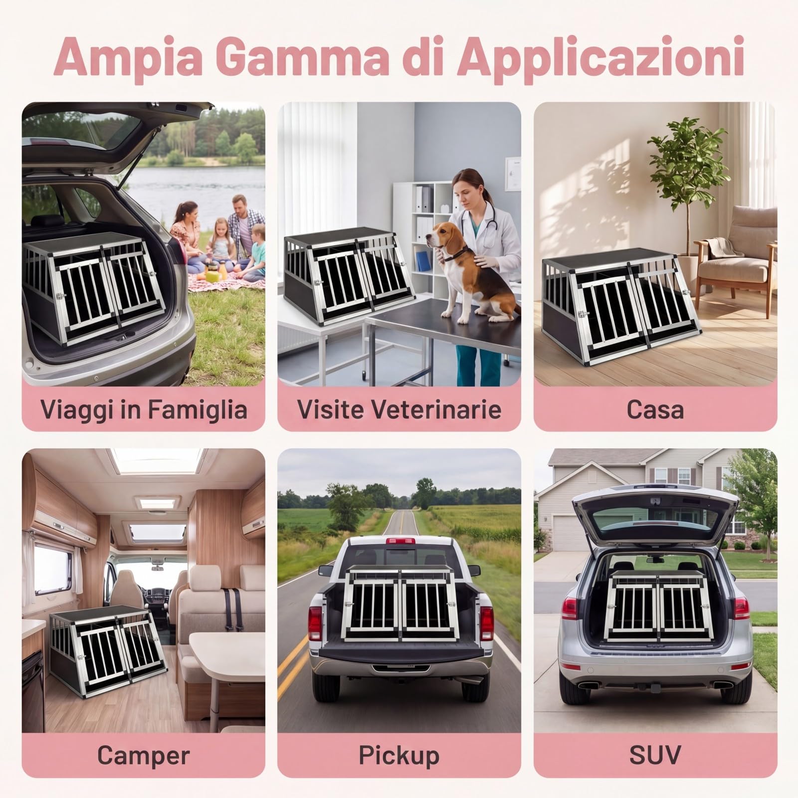 GYMAX Trasportino per Cani Auto, Gabbia per Cani in Lega di Alluminio Con 2 Divisori Rimovibili e Doppie Porte con Serratura, Angolo Apertura di 100°, per Viaggio Veterinario 89 x 69 x 50,5 cm