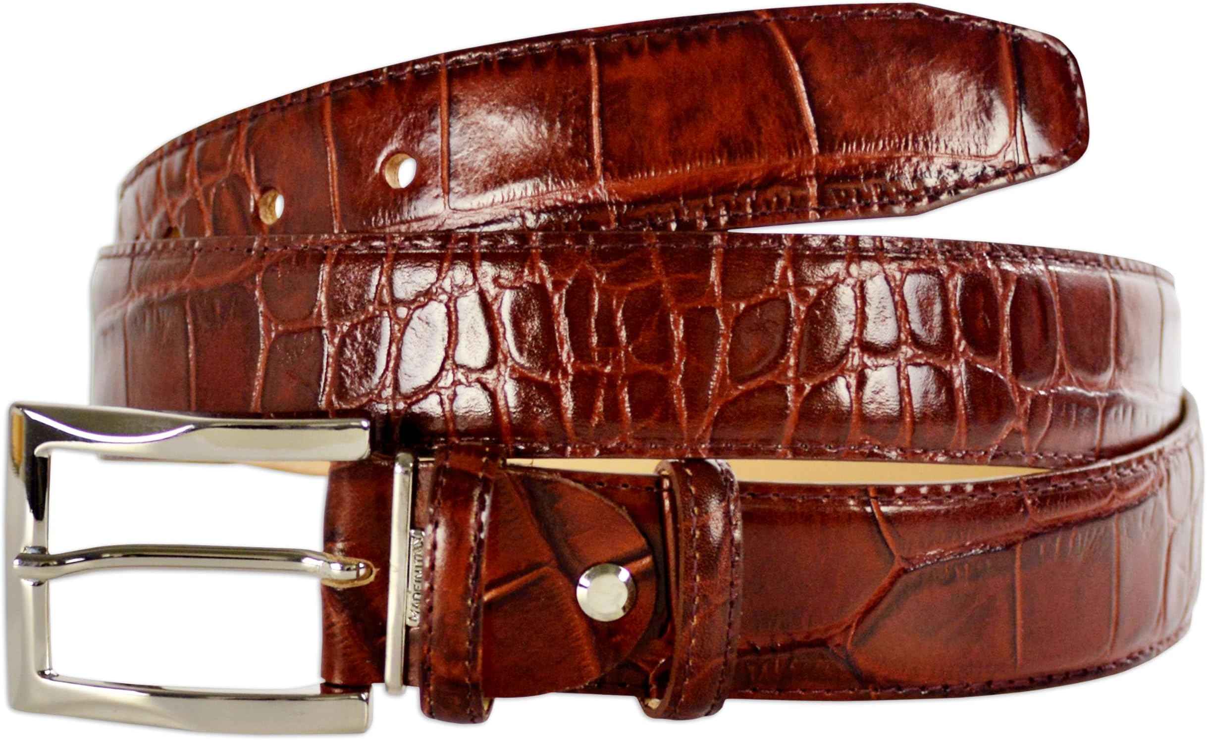 Men's Italian Leather Belt, Crocodile Pattern, 1.38" (3.5cm) Wide