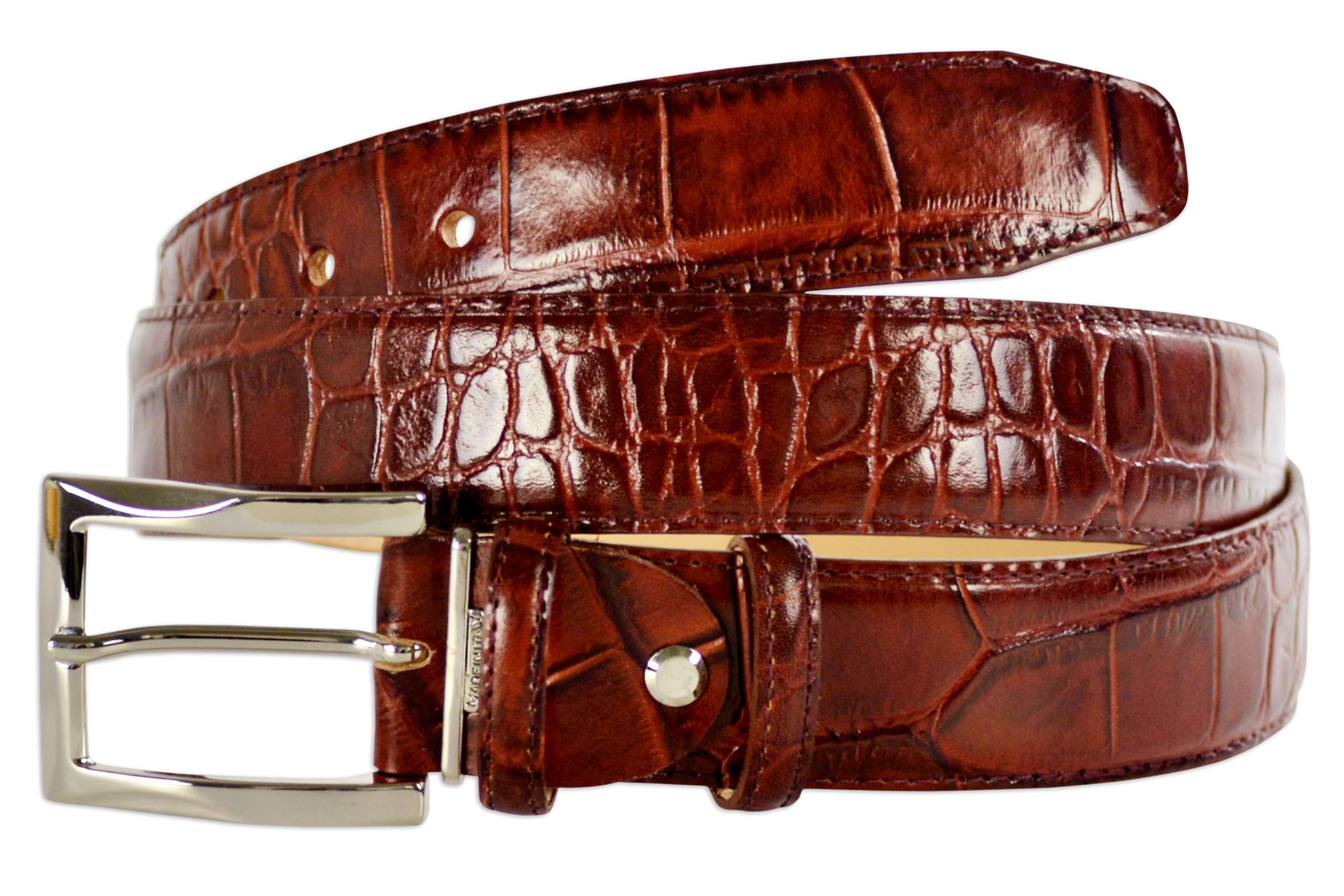 PASQUALE CUTARELLI Men's Crocodile Pattern Italian Leather Belt, 3.5cm Wide, Burgundy Medium, 36-Inch