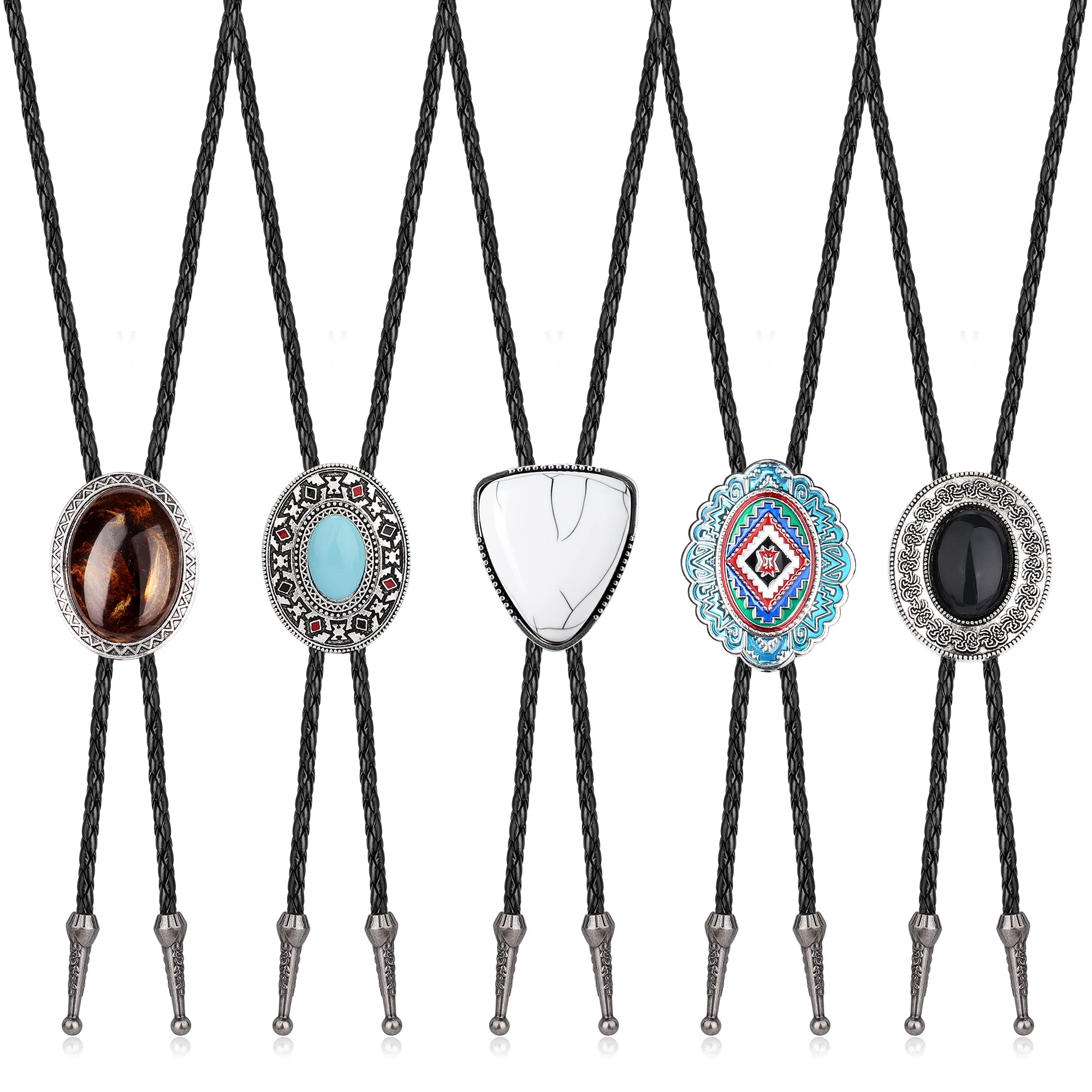IRONBOXIRONBOX 5Pcs Bolo Tie for Men Handmade Western Cowboy Leather Necktie Totem Element Halloween Costume Accessories